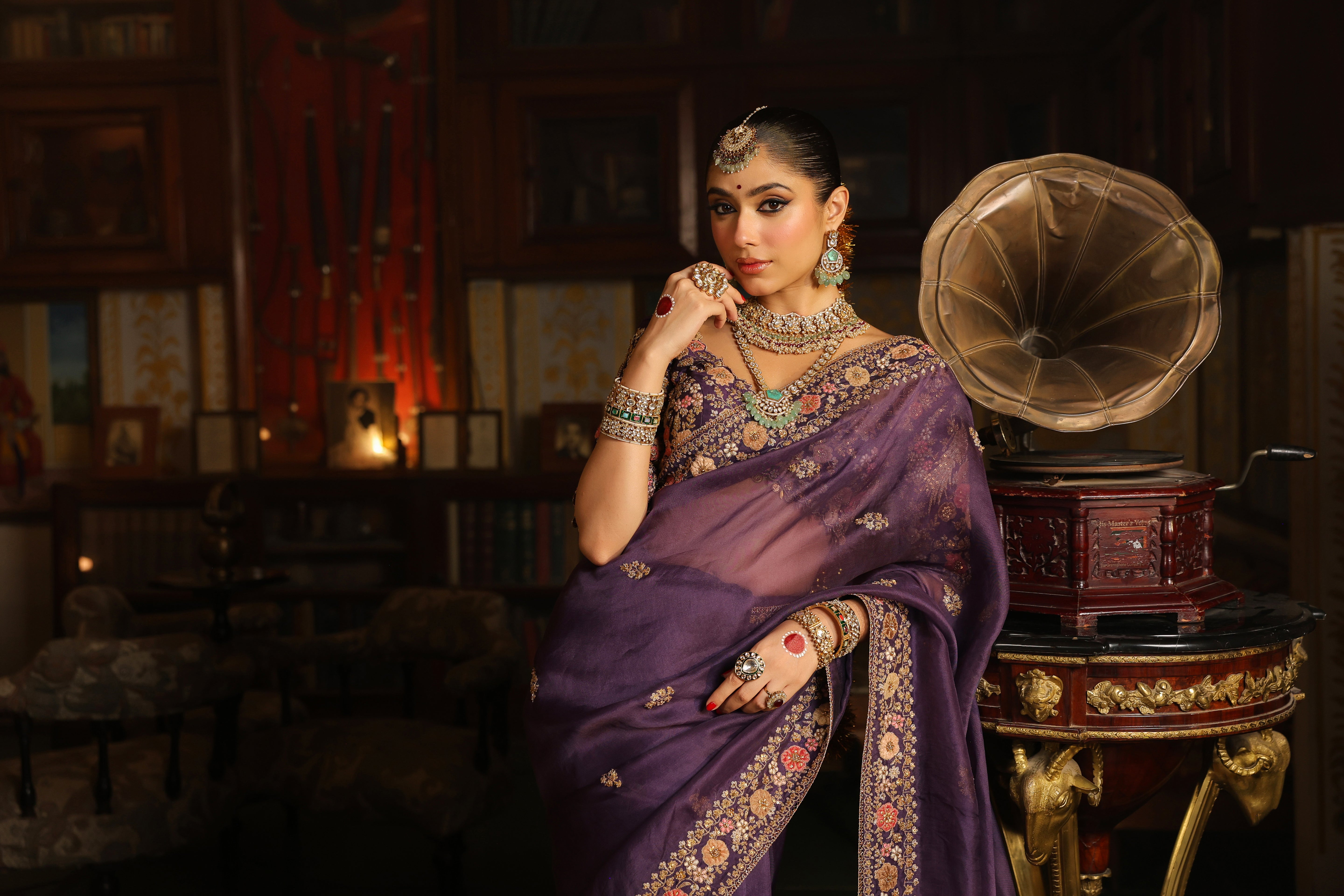 Ahista Purple Mayur Applique Border Saree Set
