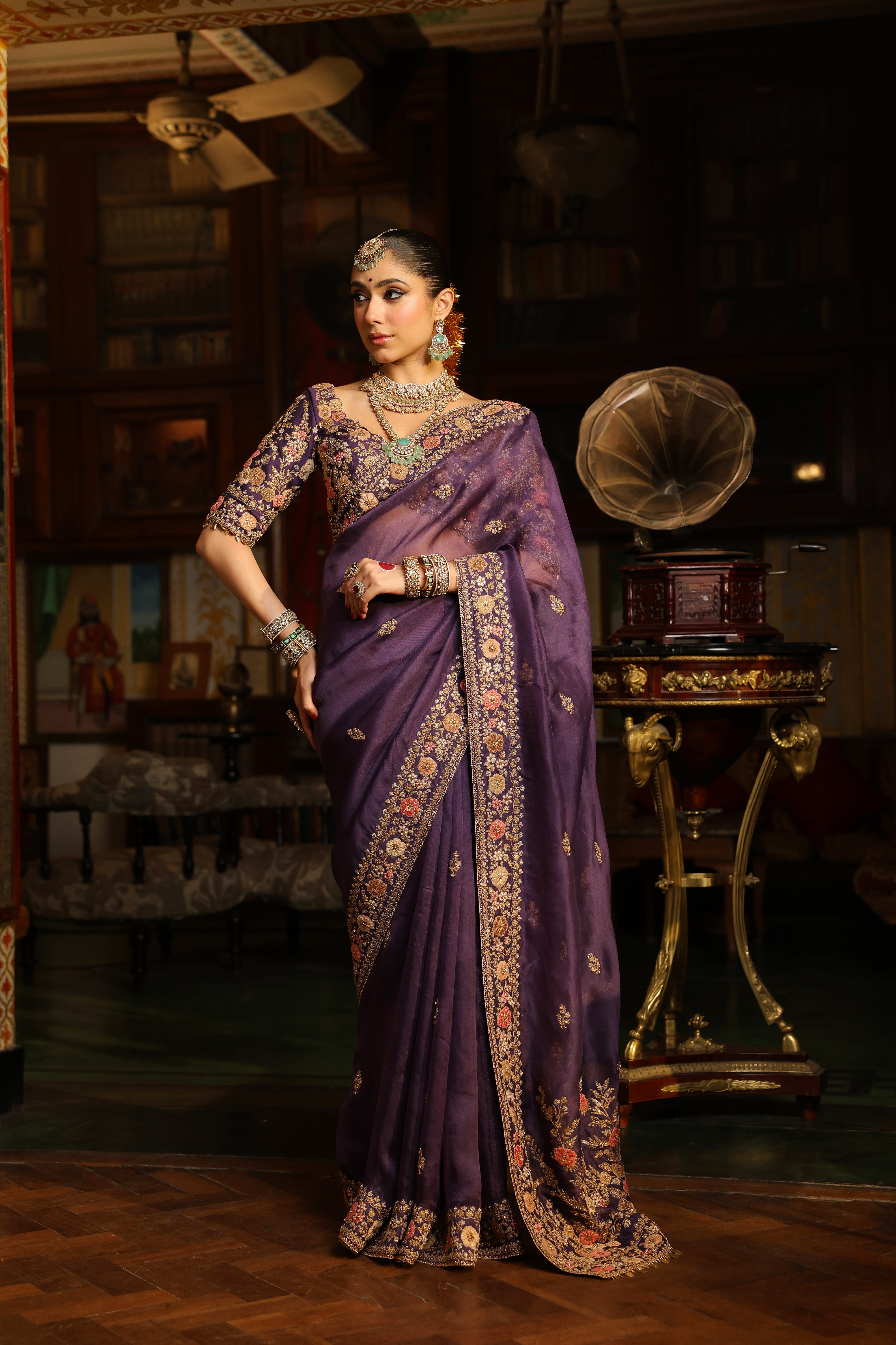 Ahista Purple Mayur Applique Border Saree Set