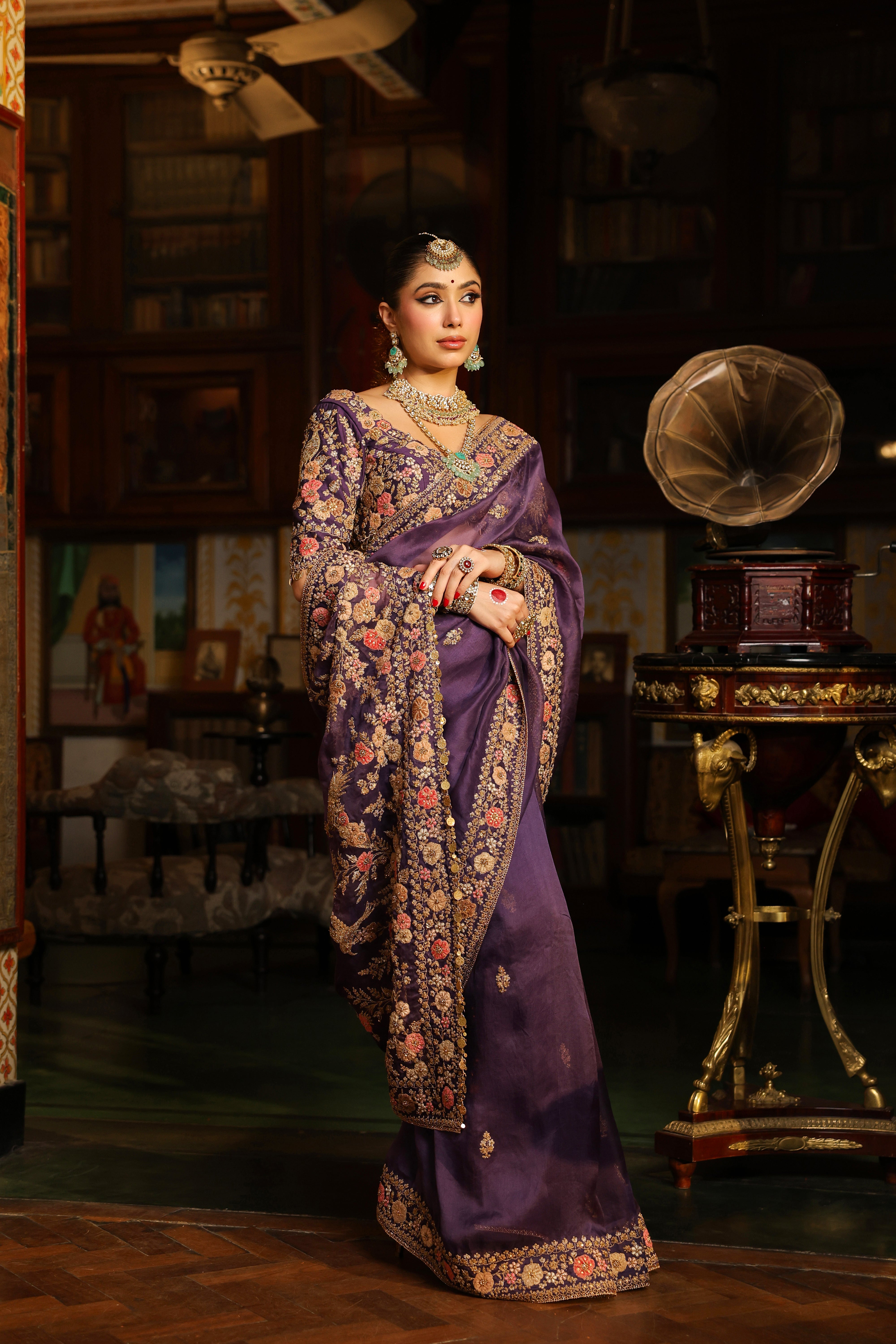 Ahista Purple Mayur Applique Border Saree Set