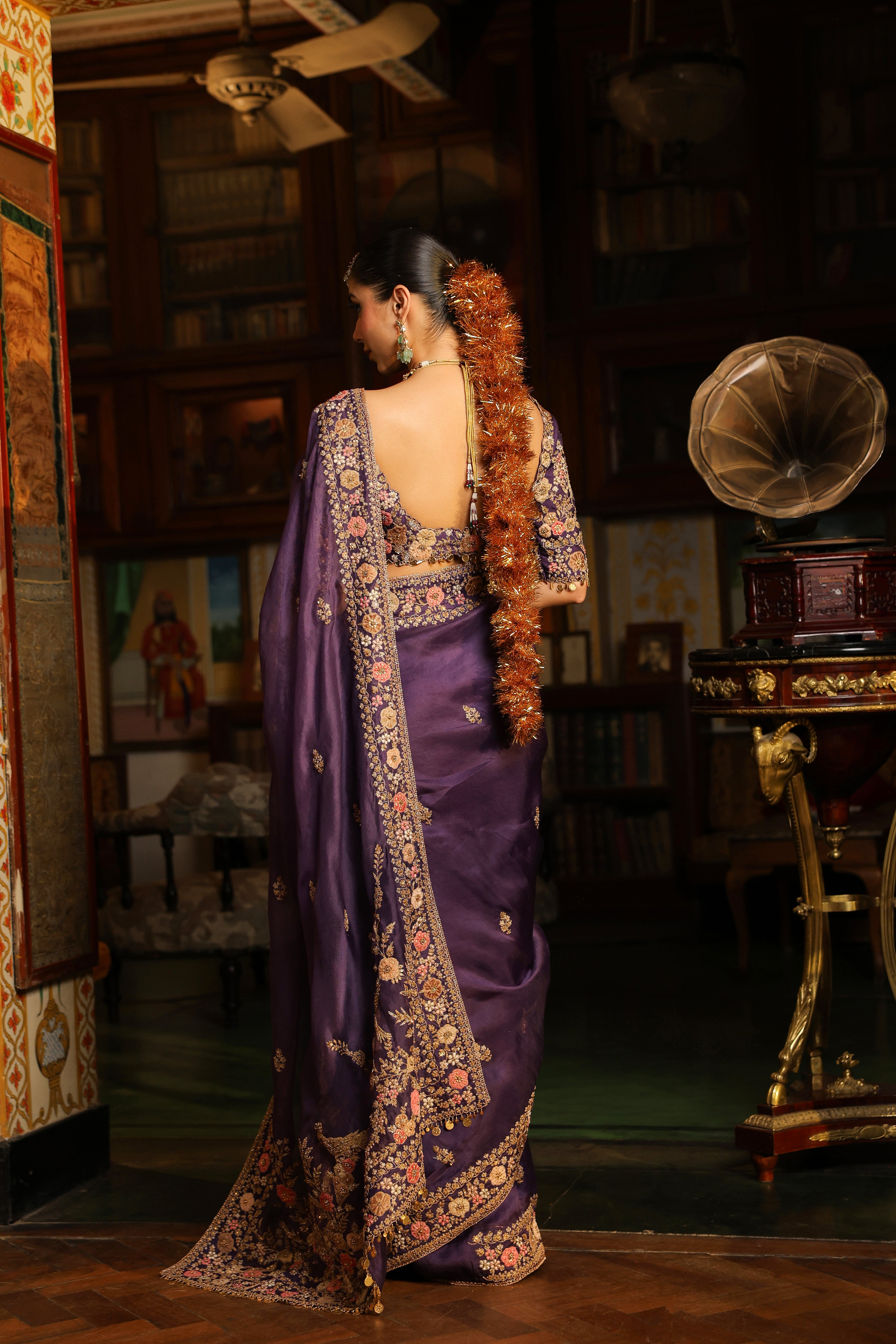 Ahista Purple Mayur Applique Border Saree Set
