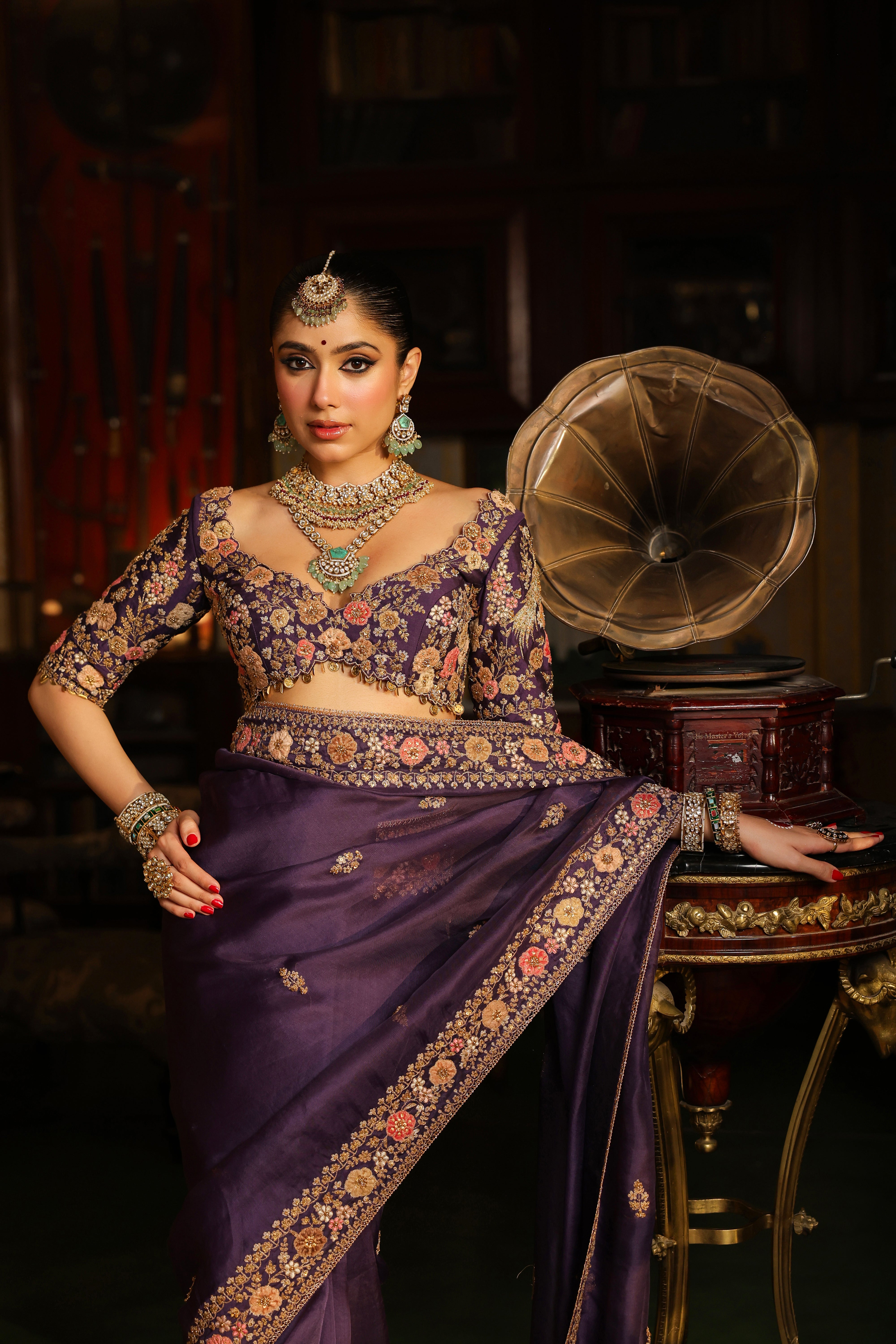 Ahista Purple Mayur Applique Border Saree Set