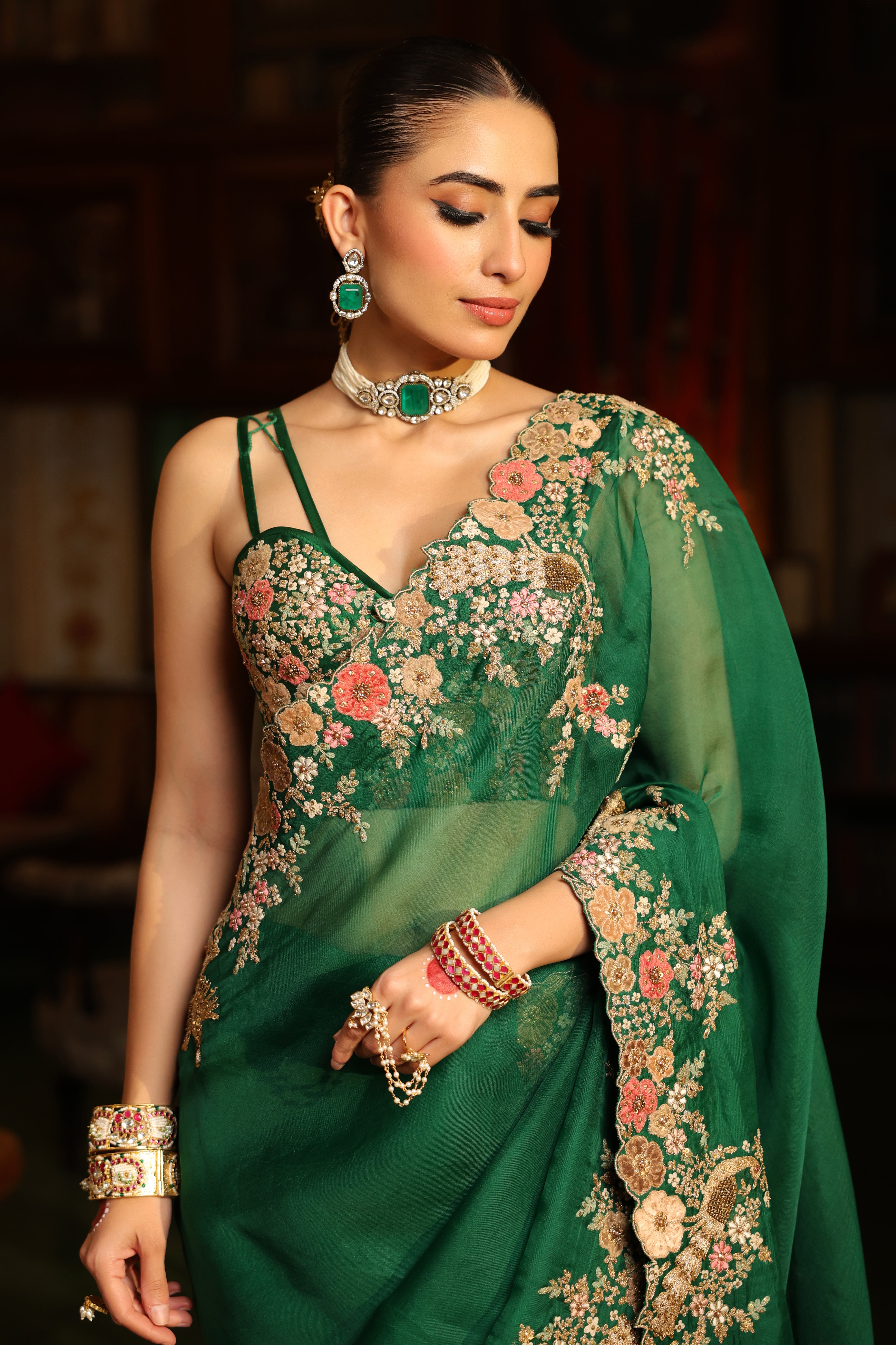 Ahista Green Mayur Applique Cutwork Saree Set