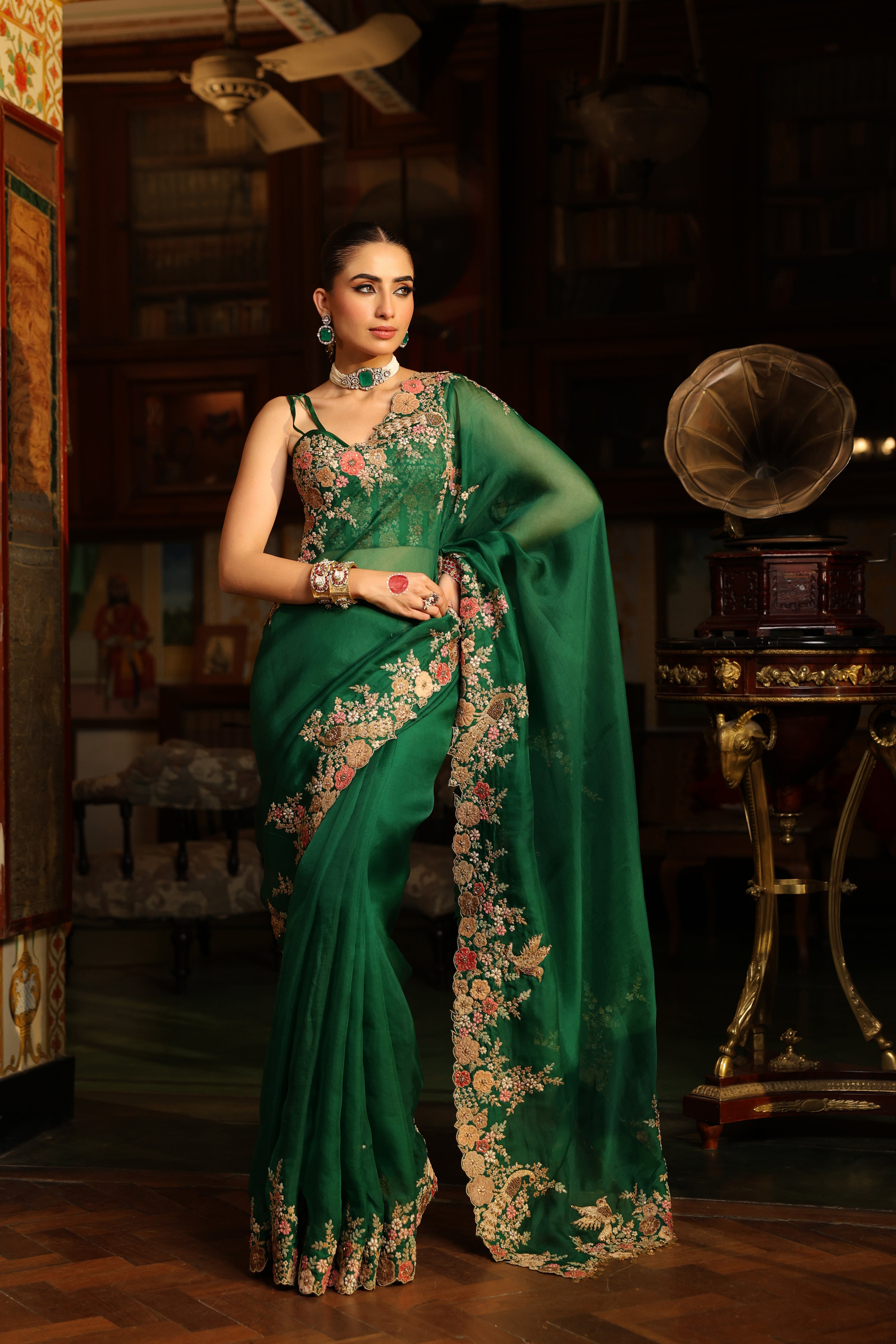 Ahista Green Mayur Applique Cutwork Saree Set