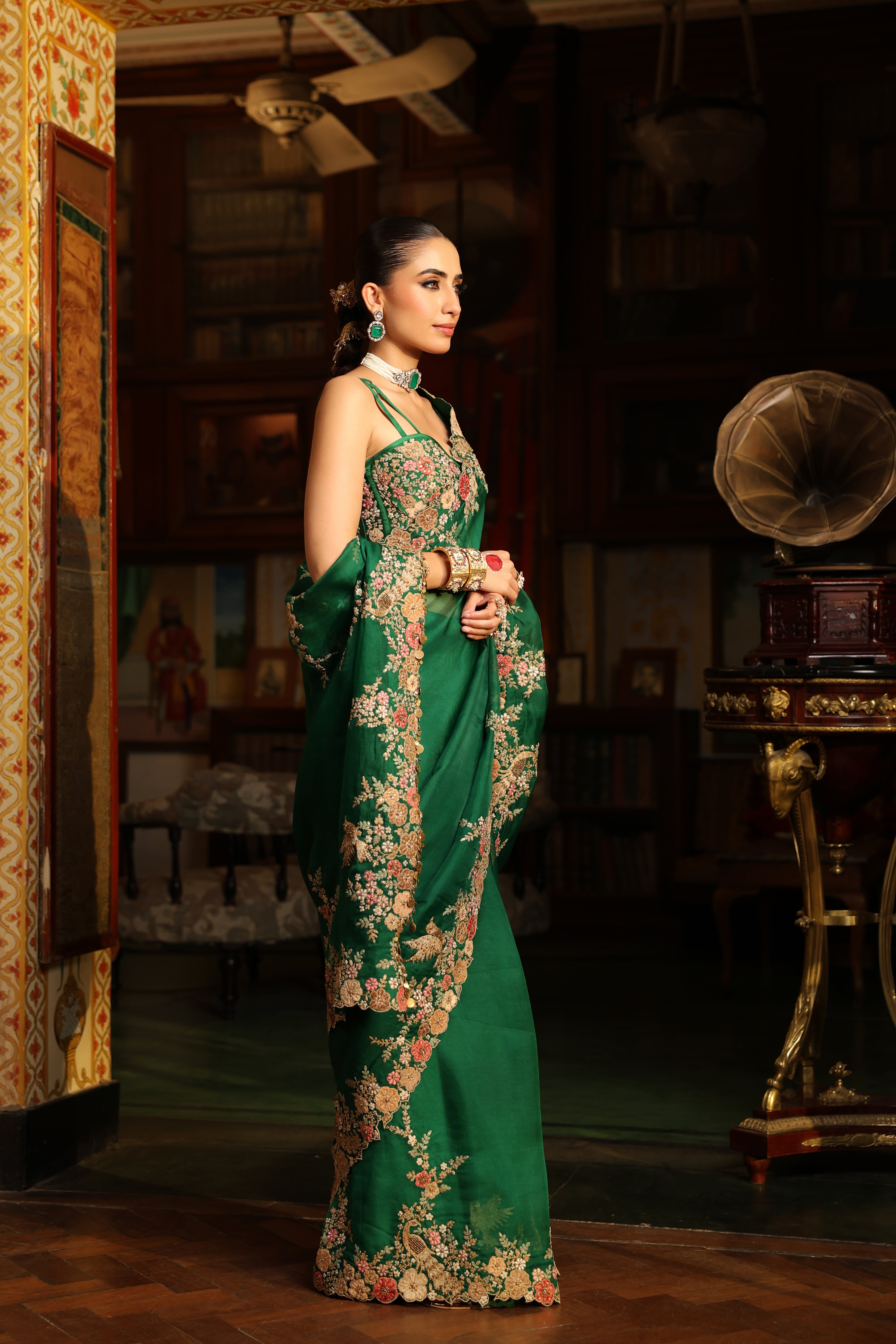Ahista Green Mayur Applique Cutwork Saree Set