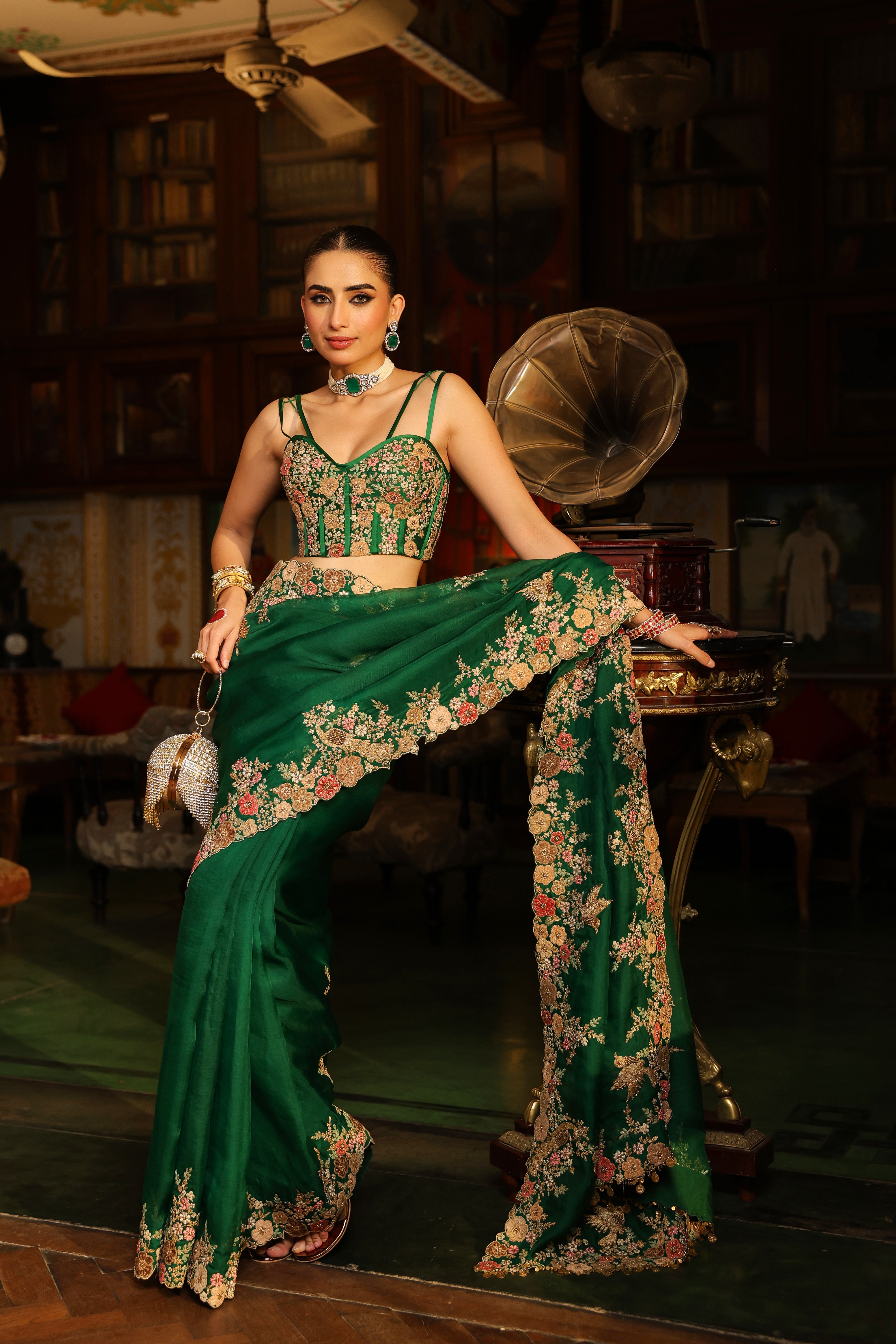 Ahista Green Mayur Applique Cutwork Saree Set
