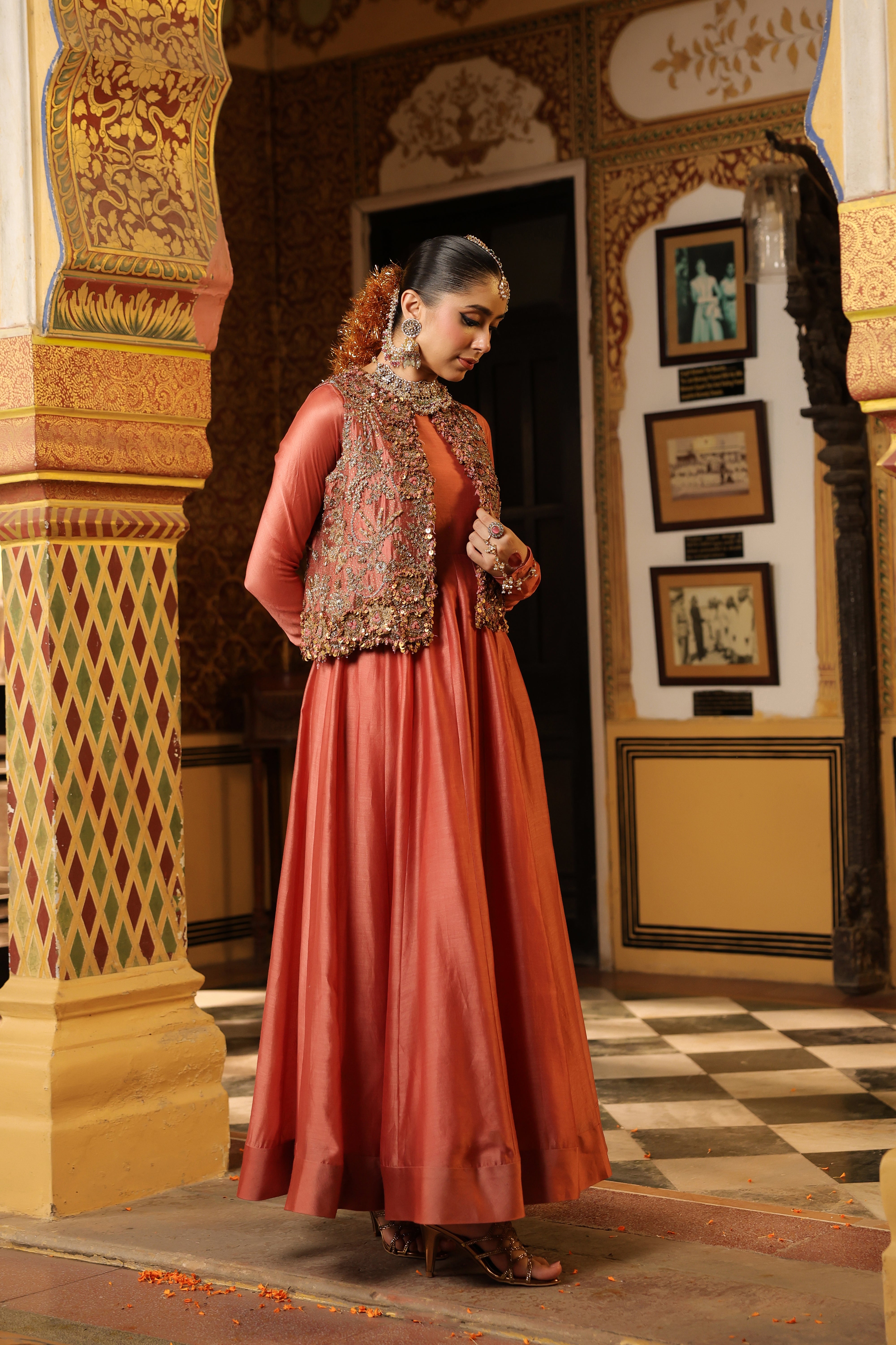 Ahista Rose Pink Jacket Kalidaar Set