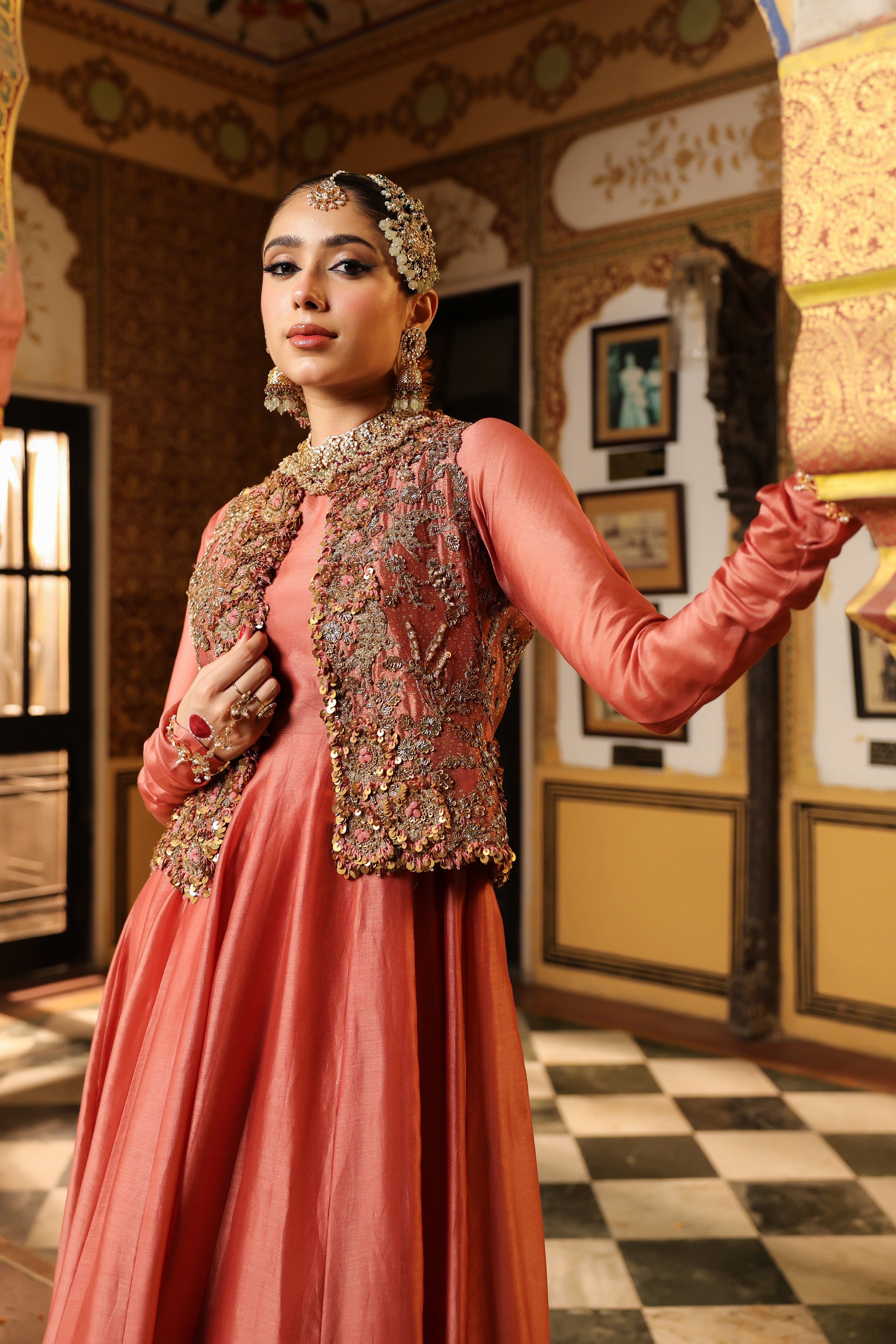 Ahista Rose Pink Jacket Kalidaar Set