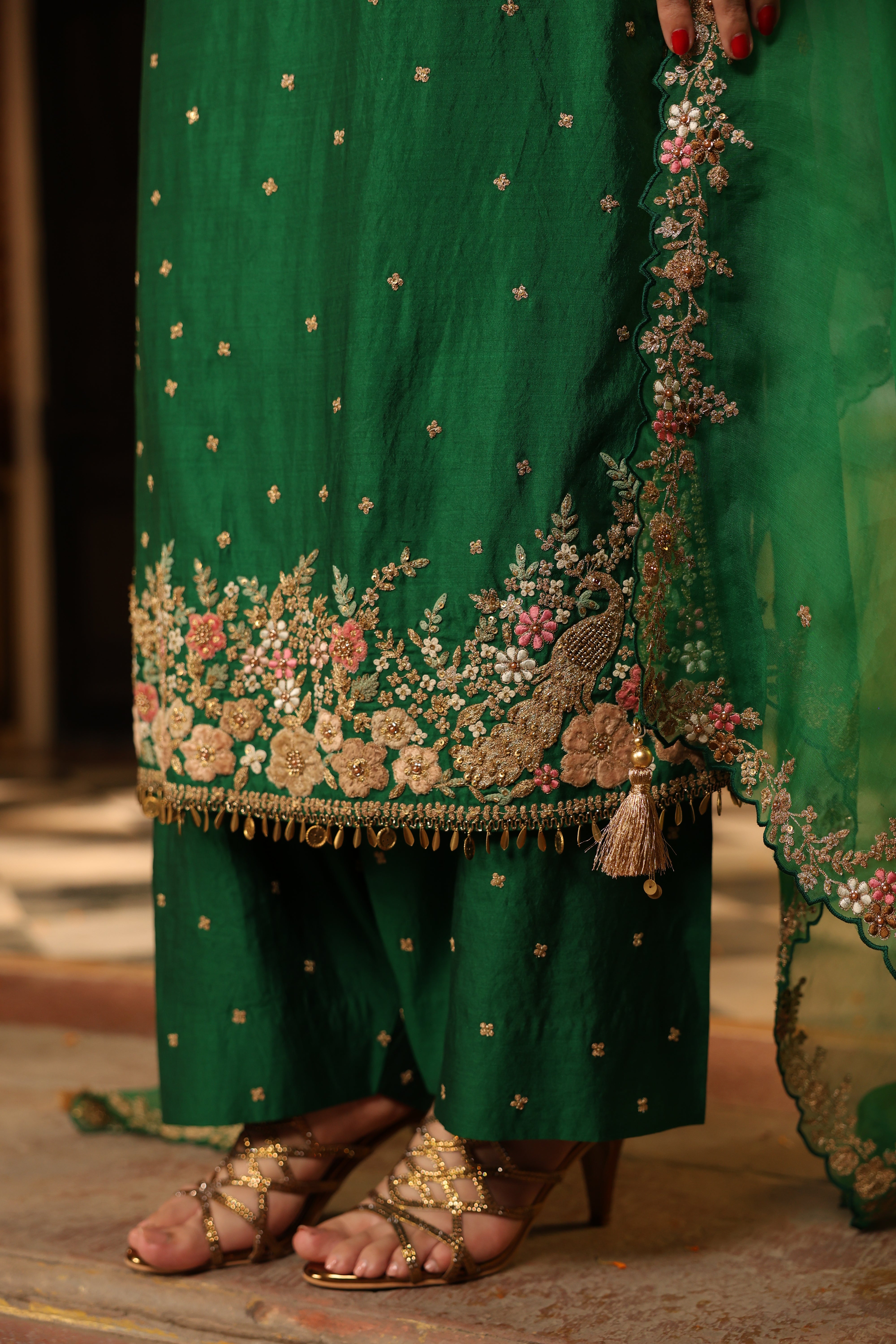 Ahista Green Mayur Applique Long Kurta With Heavy Dupatta