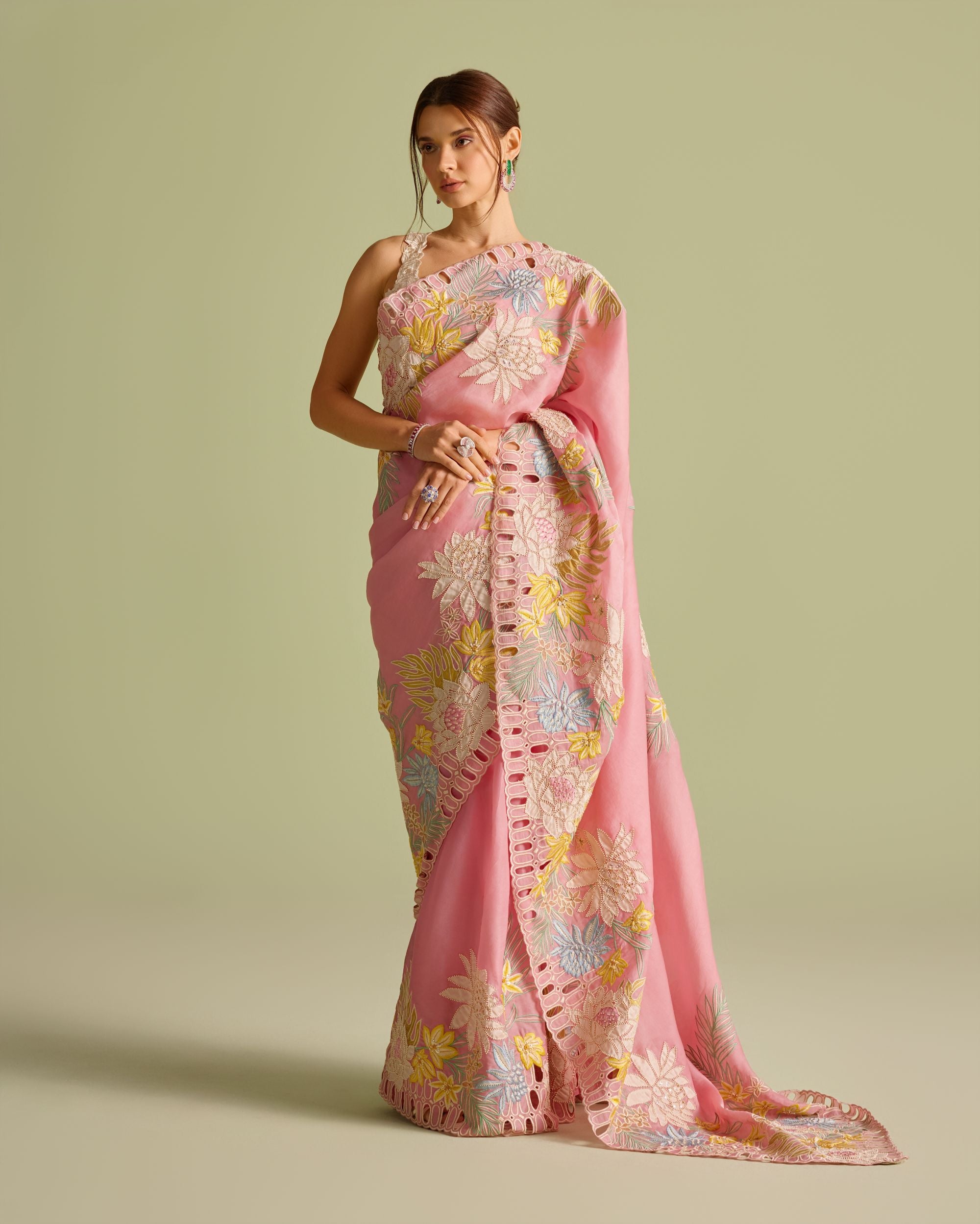 Pink Contrast Applique Embroidered Saree