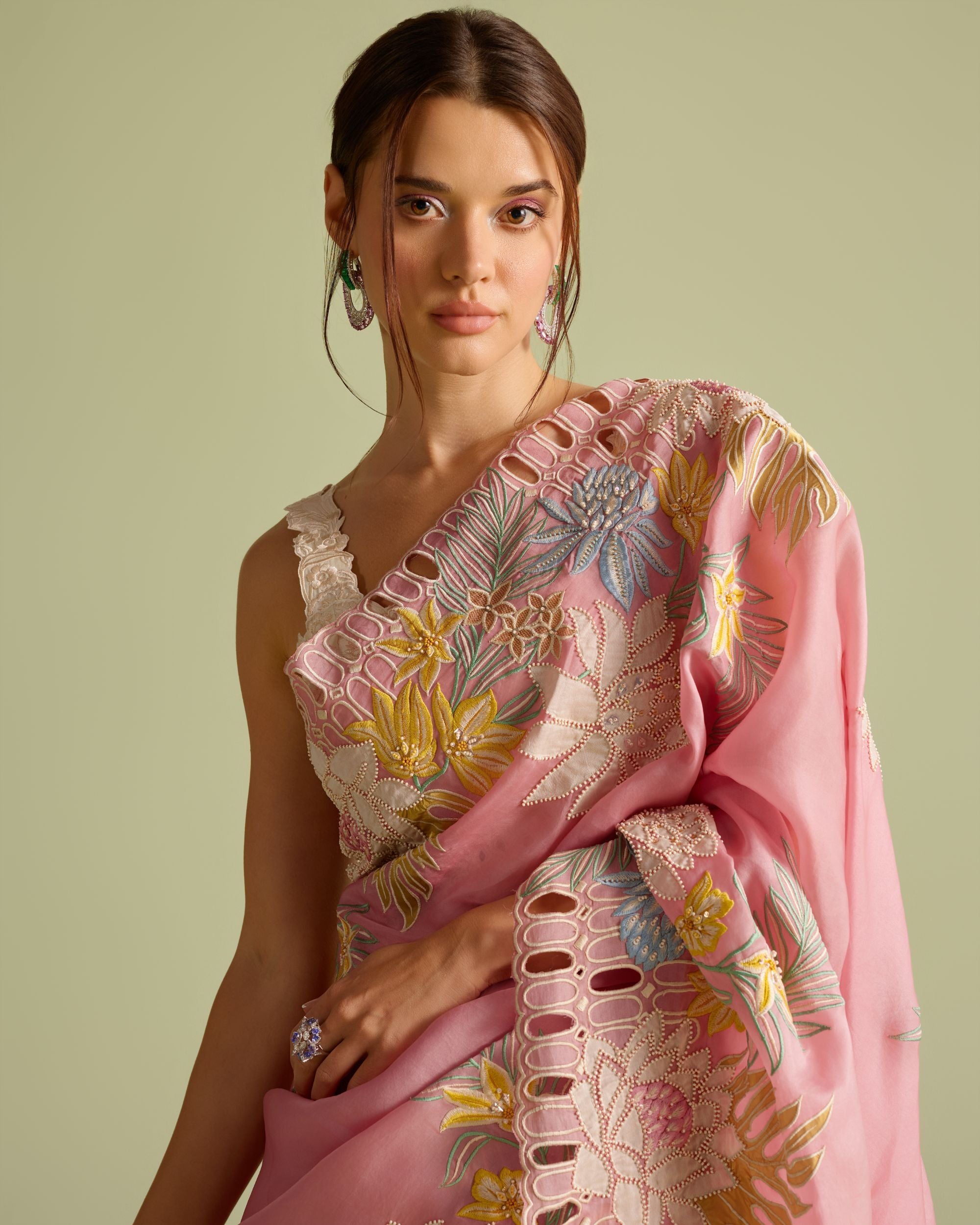 Pink Contrast Applique Embroidered Saree