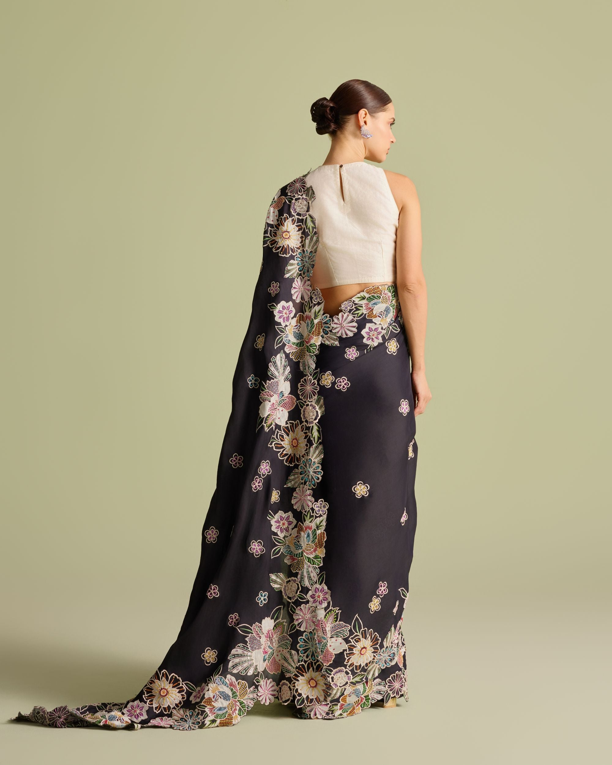 Black Contrast Applique And Threadwork Saree