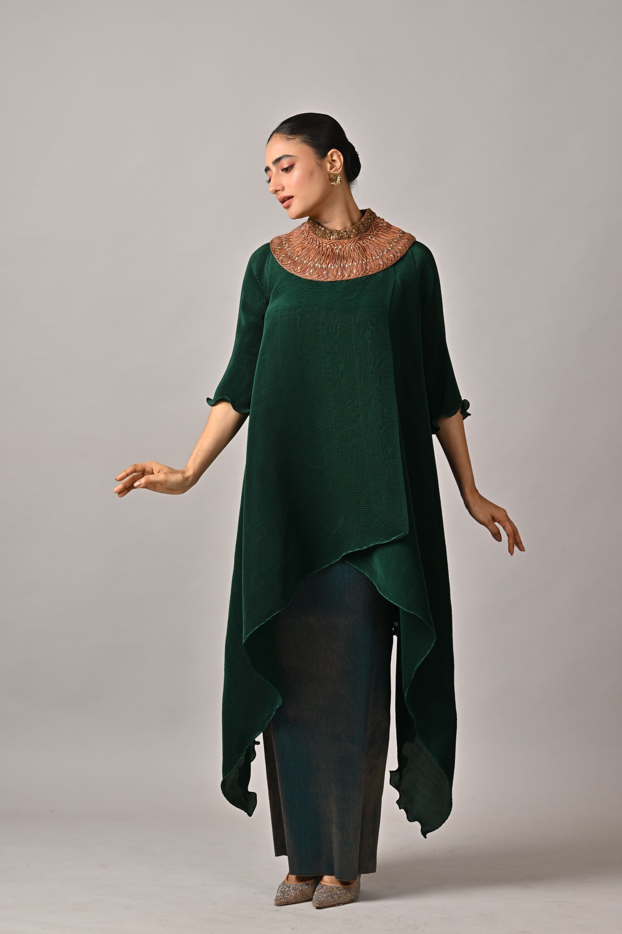 Emerald pleated wrap with embroidery with sleeves