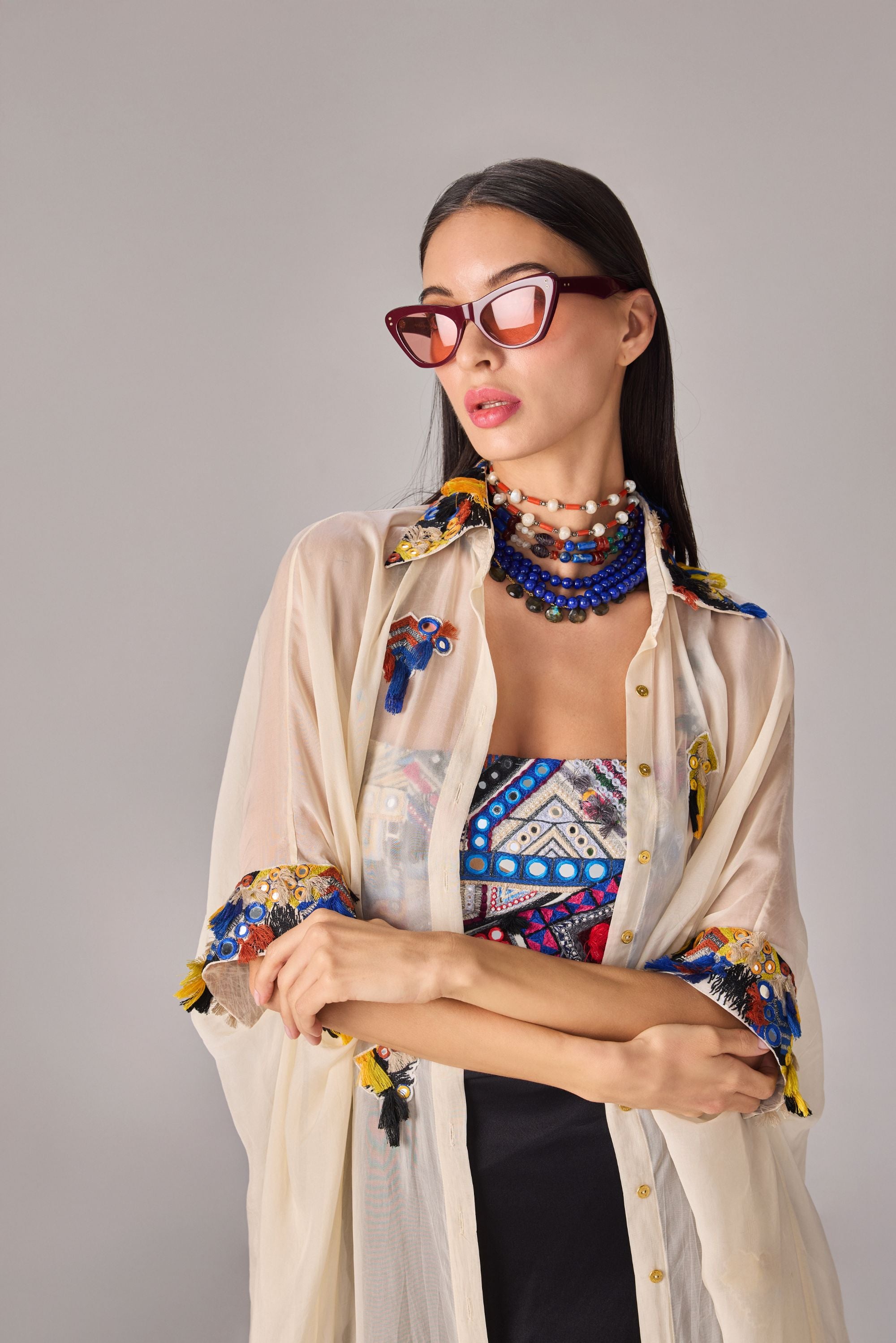 Collared maxi length shirt cape with intricate mirror, tassle and thread work hand mebroidered applique collar and cuffs