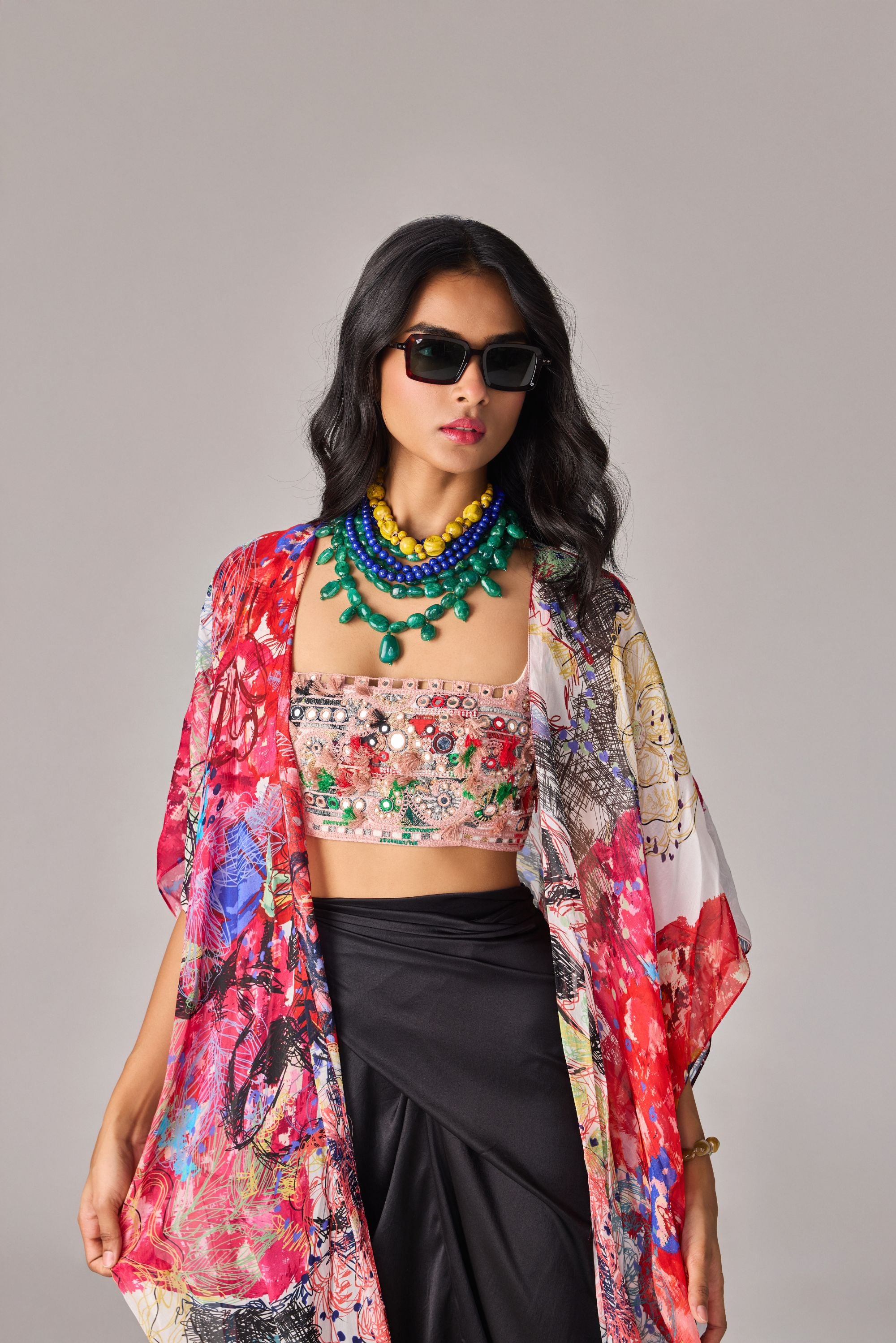 High waist, asymmetric maxi wrap skirt with pinch and fold detailing