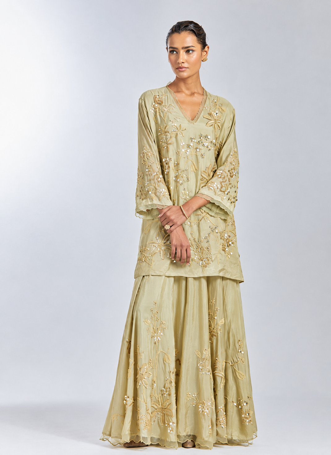 Silver silk sharara set with intricate floral hand embroidery