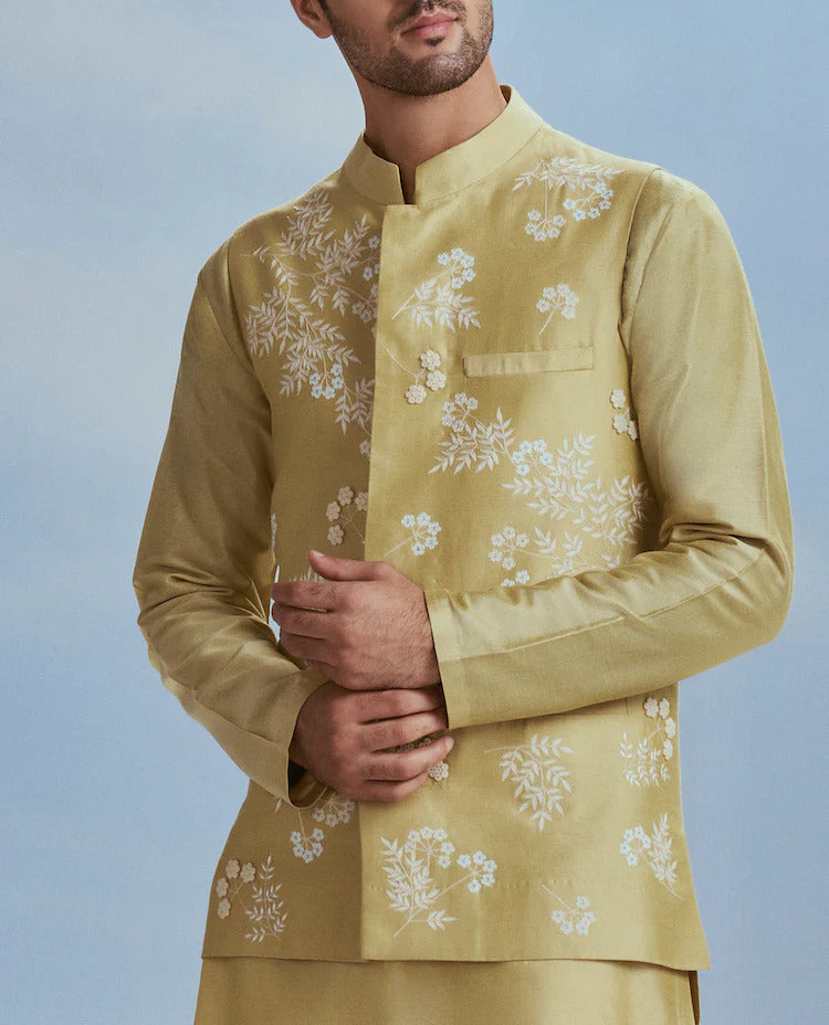 Sap Green Mayflower Bundi Kurta Set