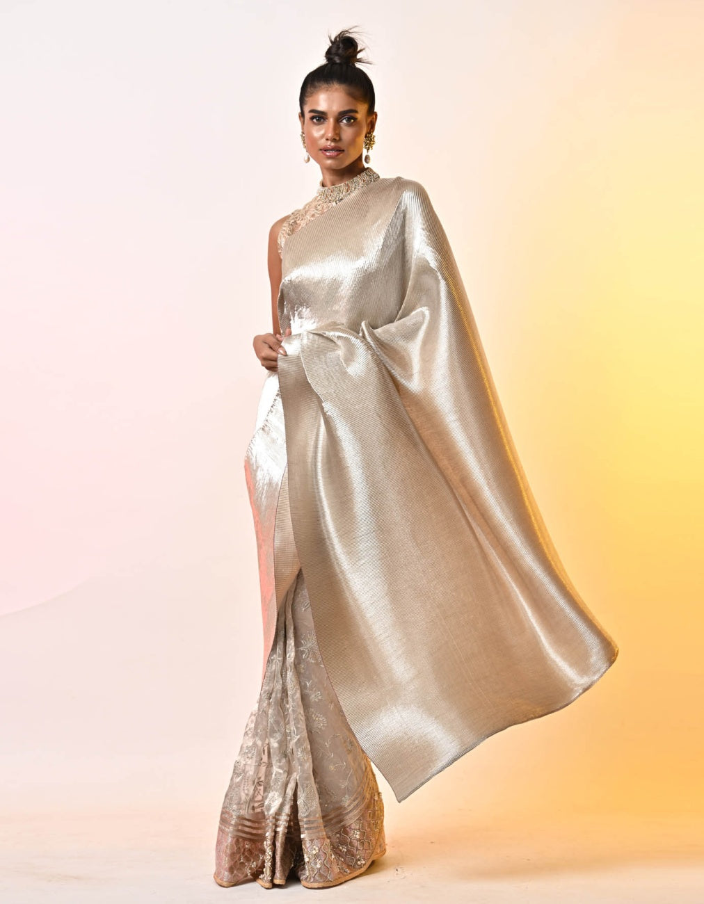 Liquid Silver Metallic Pleated Saree With Tissue Detail And Choli Piece
