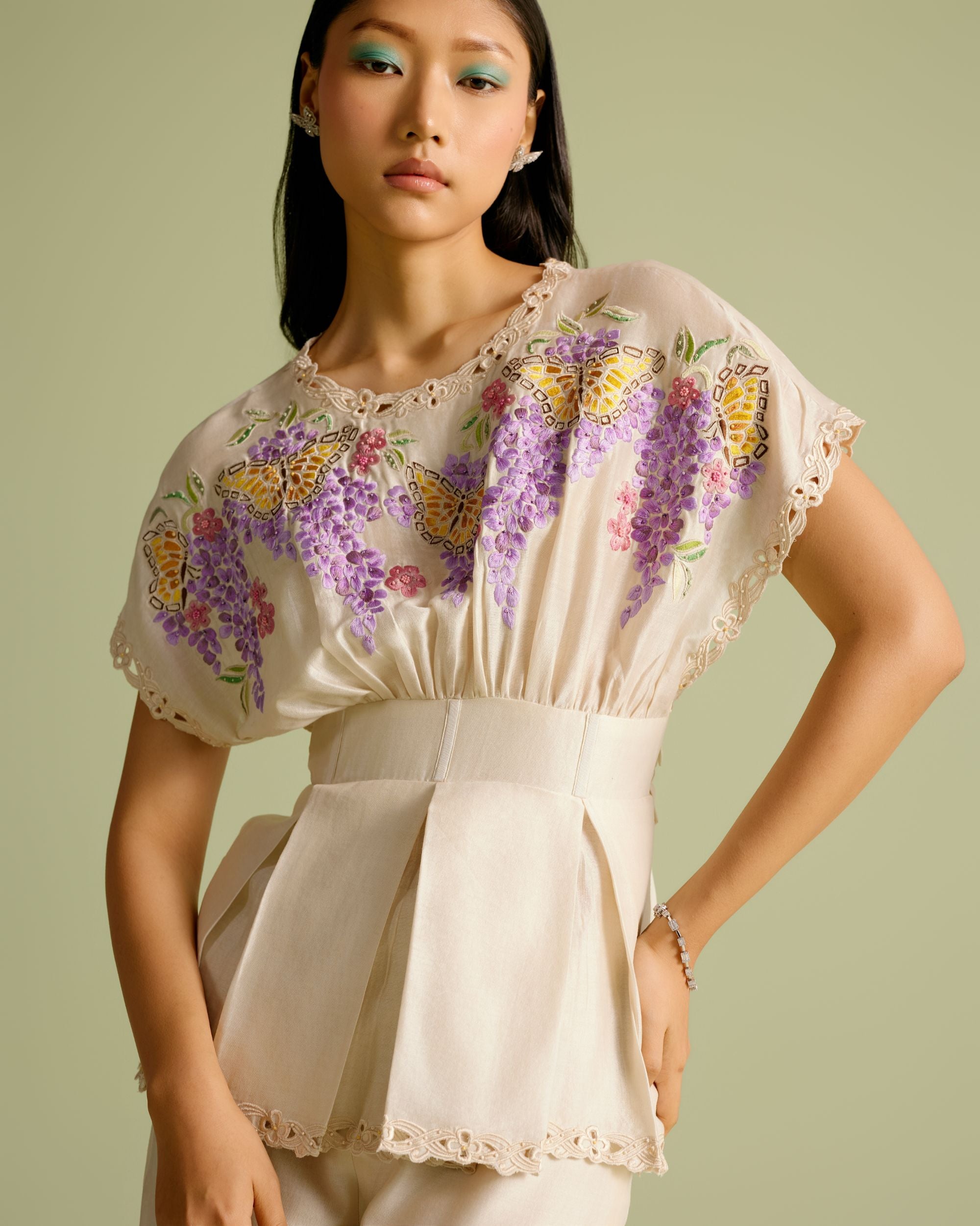 Ivory Butterfly Mosaic Pleated Top