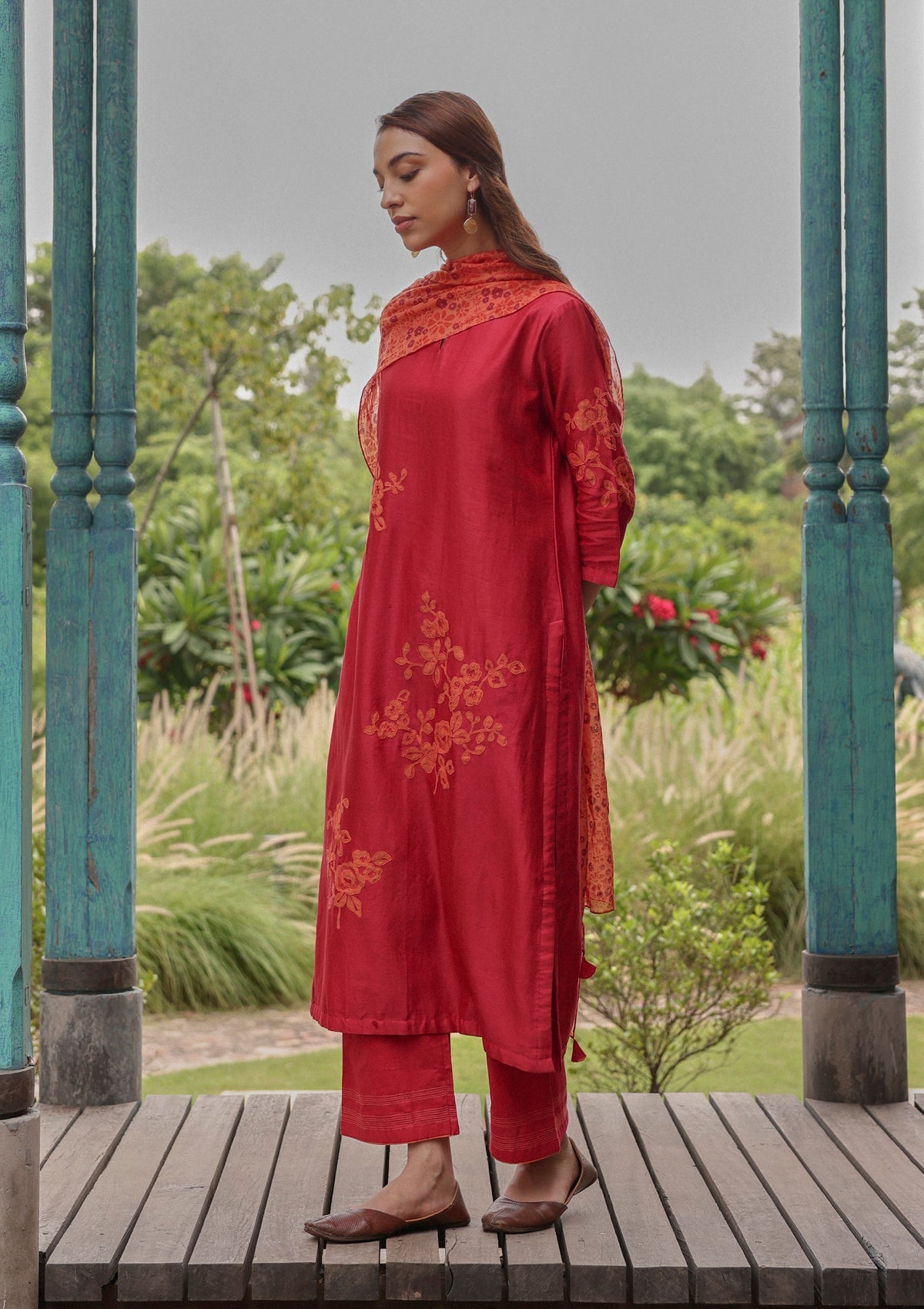 Berry Applique Floral Kurta Set