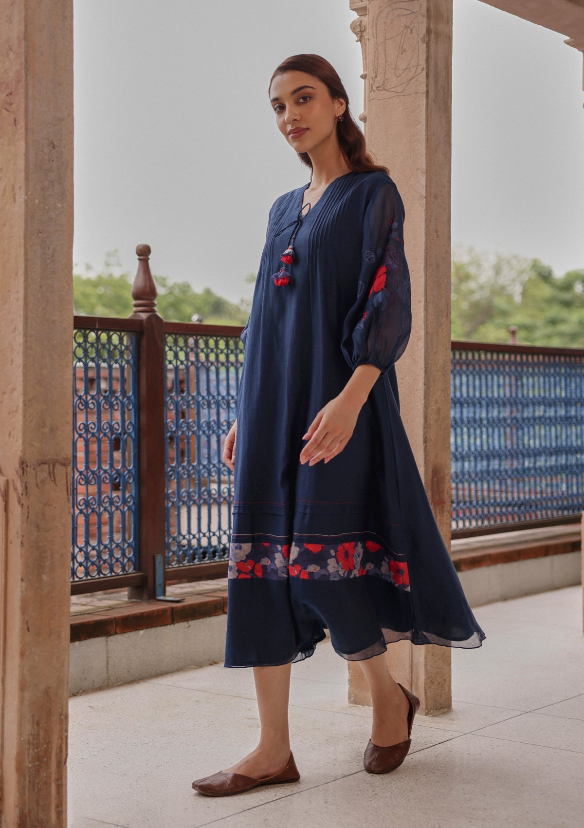 Indigo Bloom Pintuck Dress