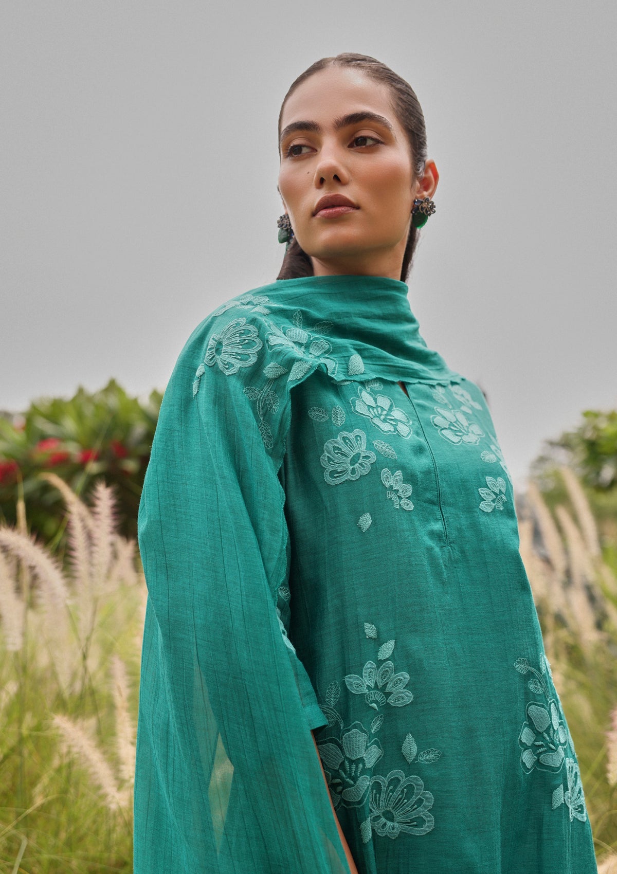 Teal Applique Embroidered Kurta Set