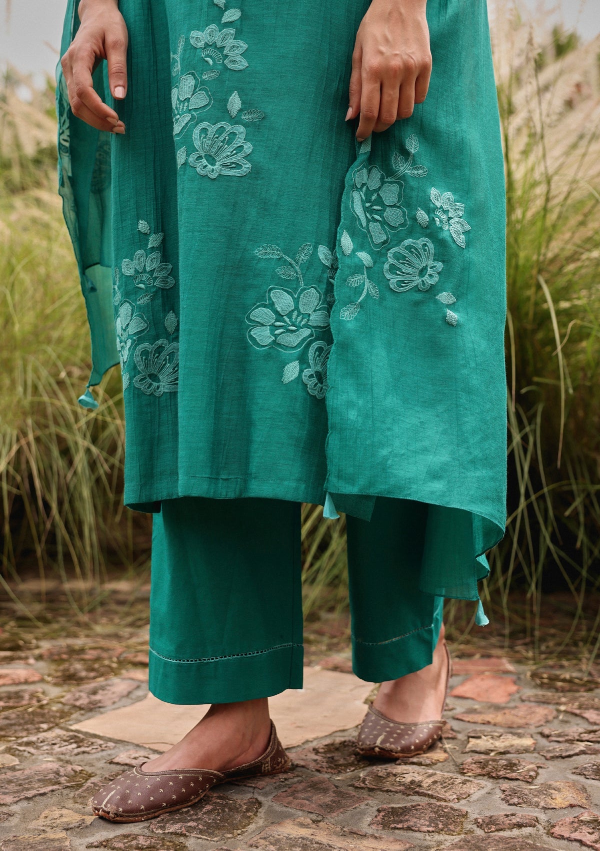 Teal Applique Embroidered Kurta Set