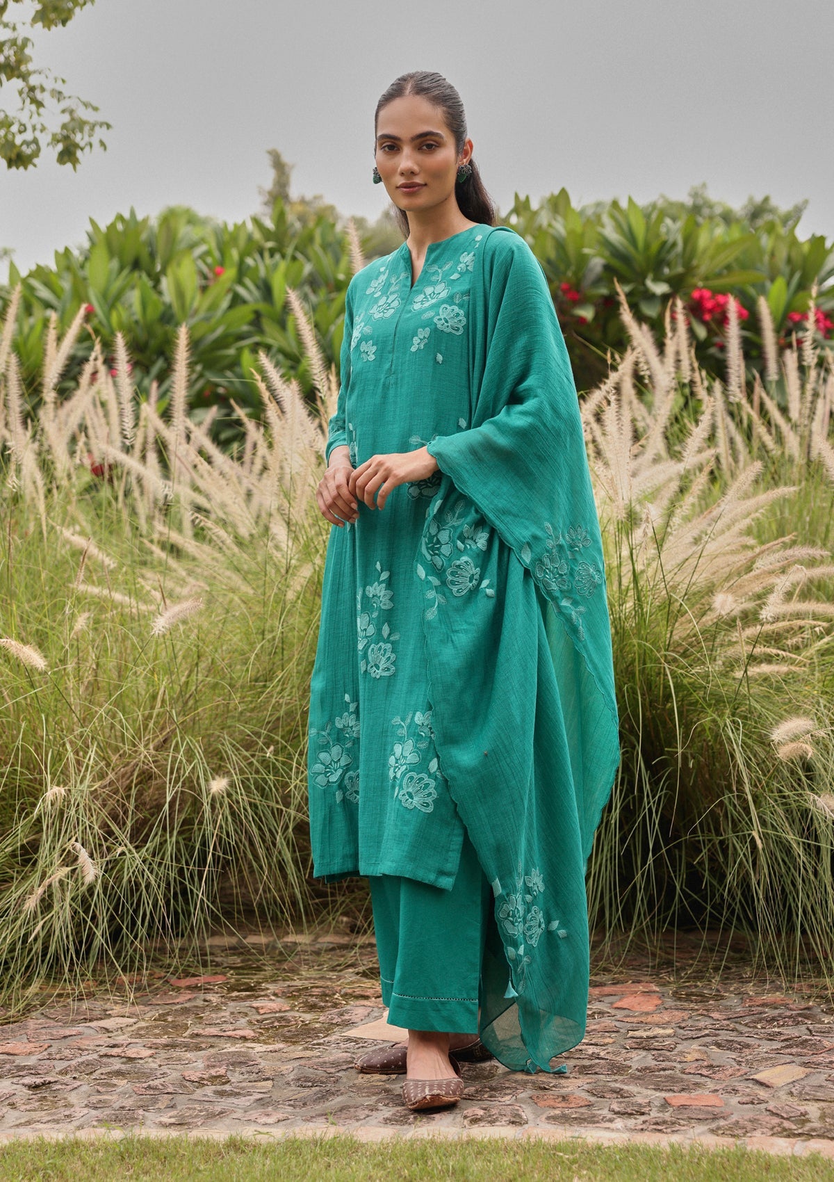 Teal Applique Embroidered Kurta Set