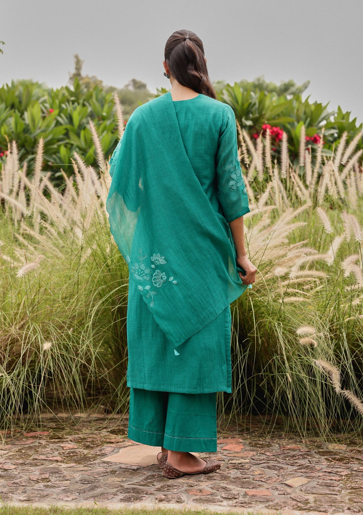 Teal Applique Embroidered Kurta Set