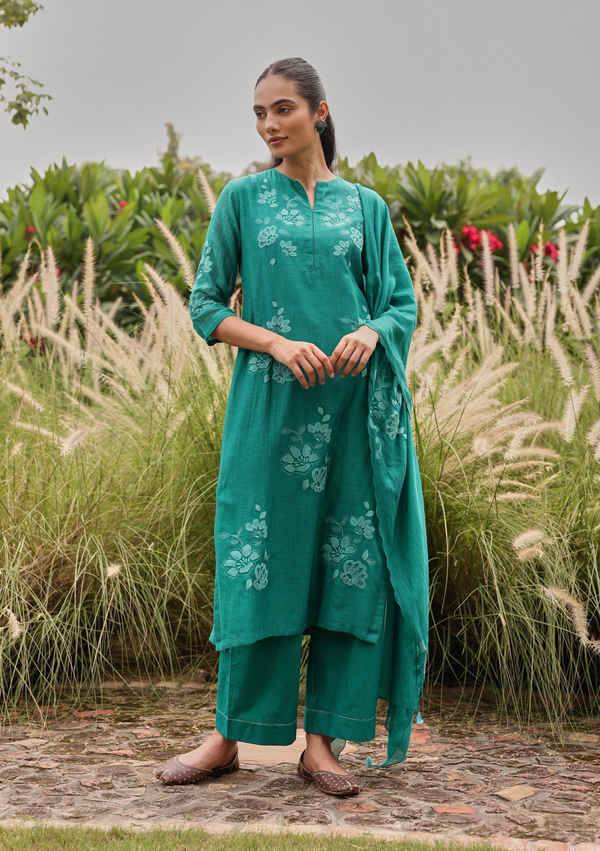 Teal Applique Embroidered Kurta Set