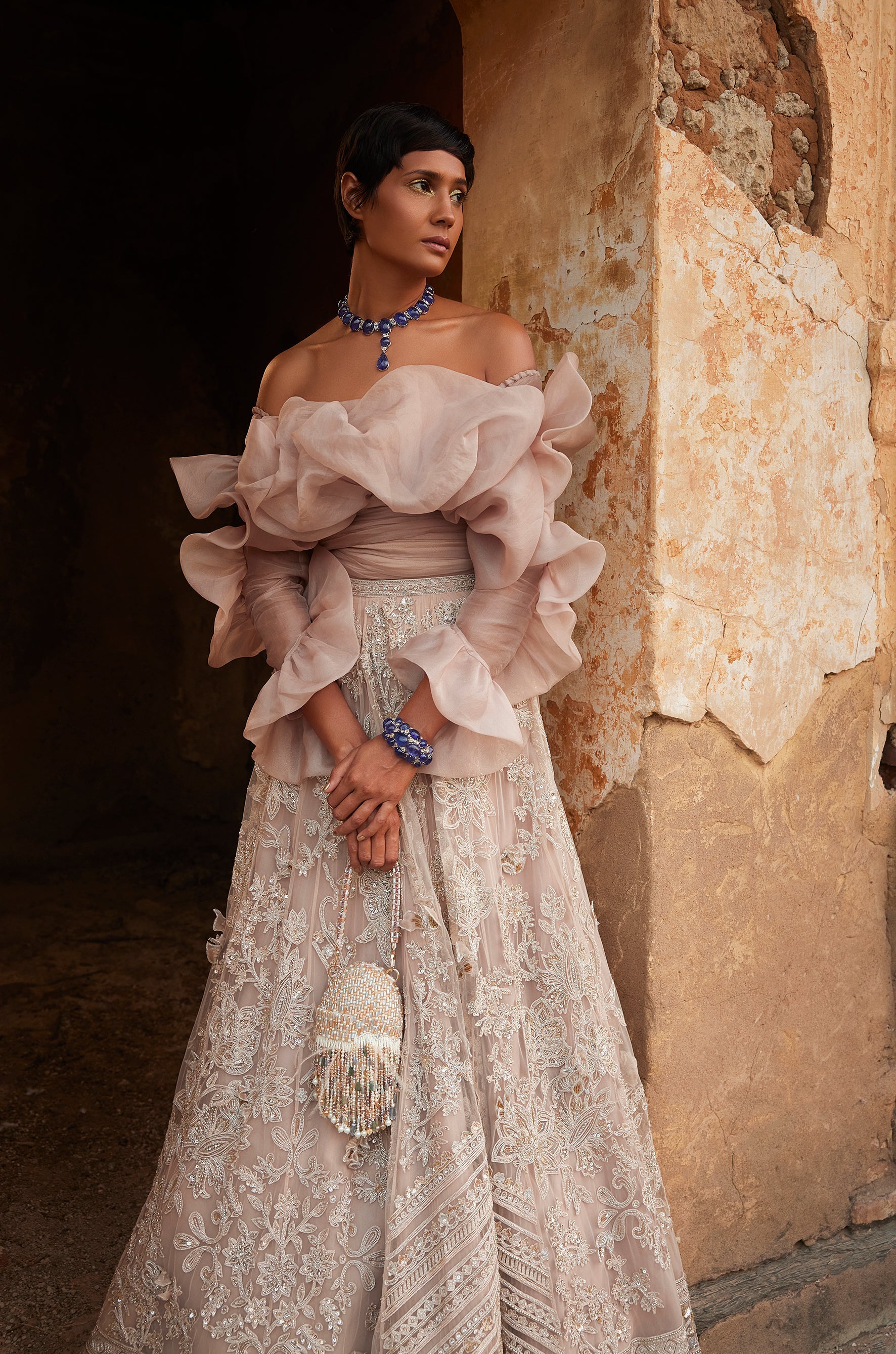 Champagne Net Embroidered Lehenga Set