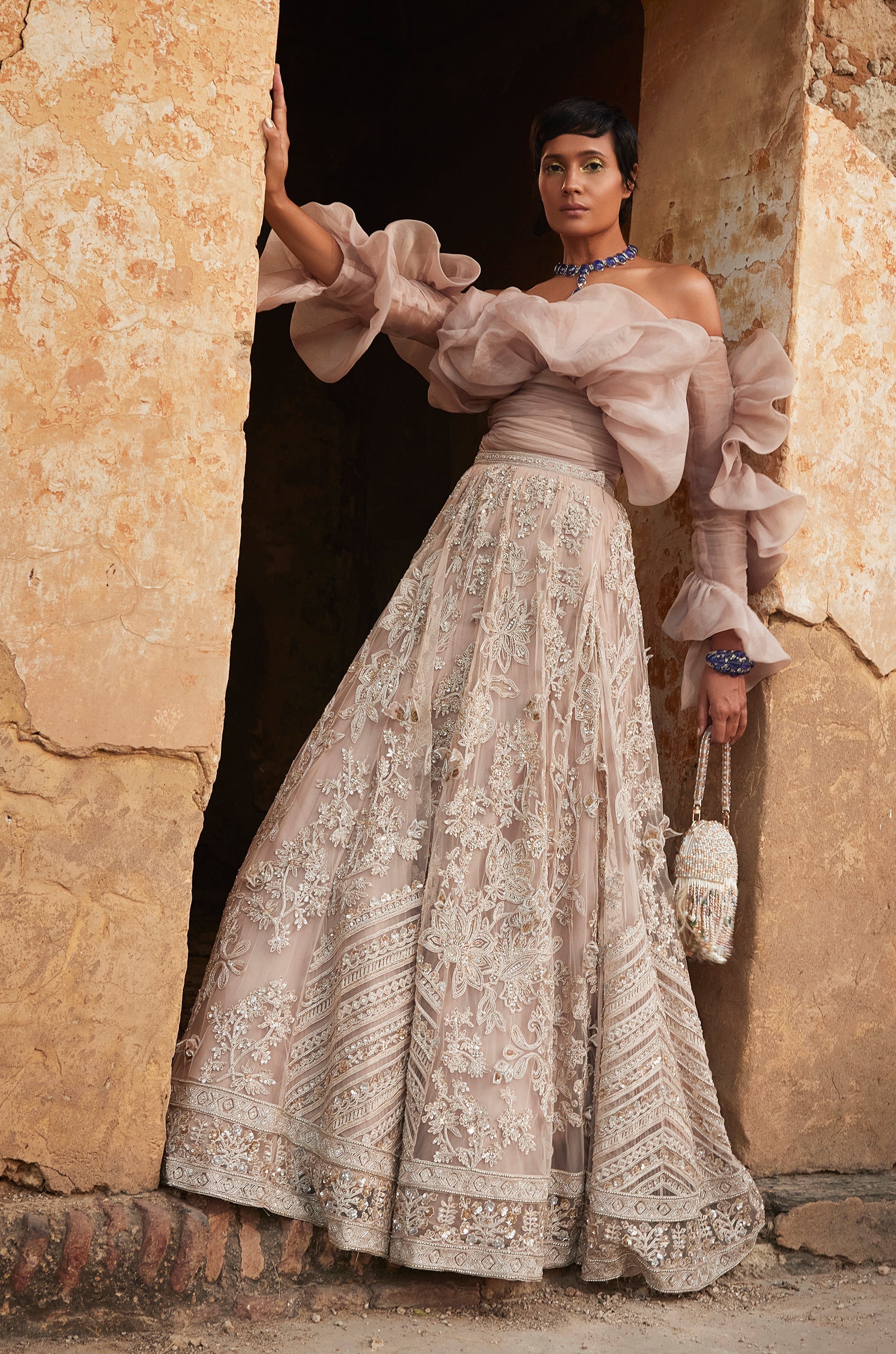 Champagne Net Embroidered Lehenga Set