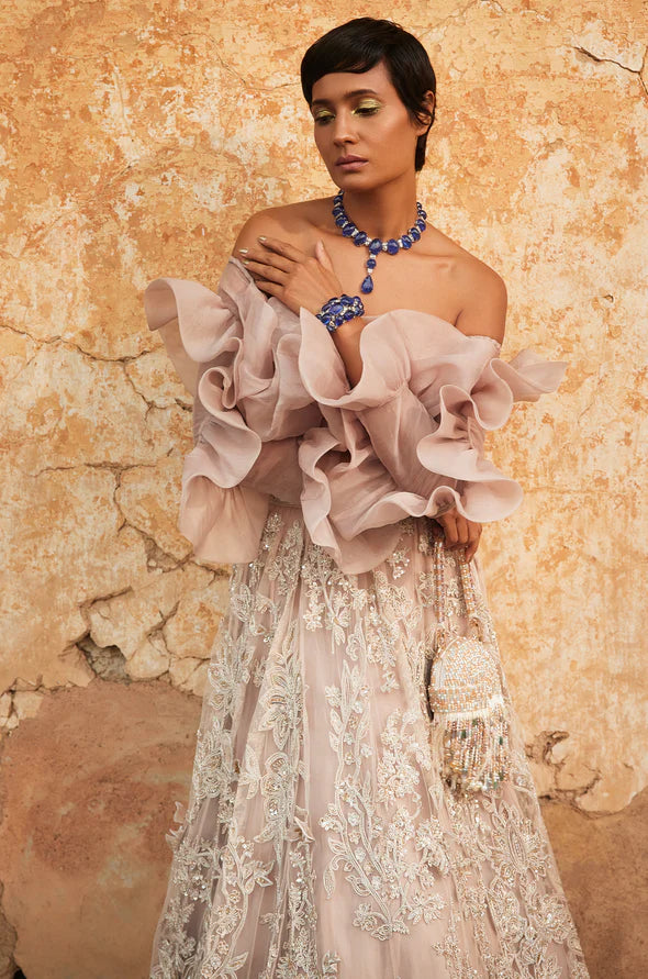 Champagne Net Embroidered Lehenga Set