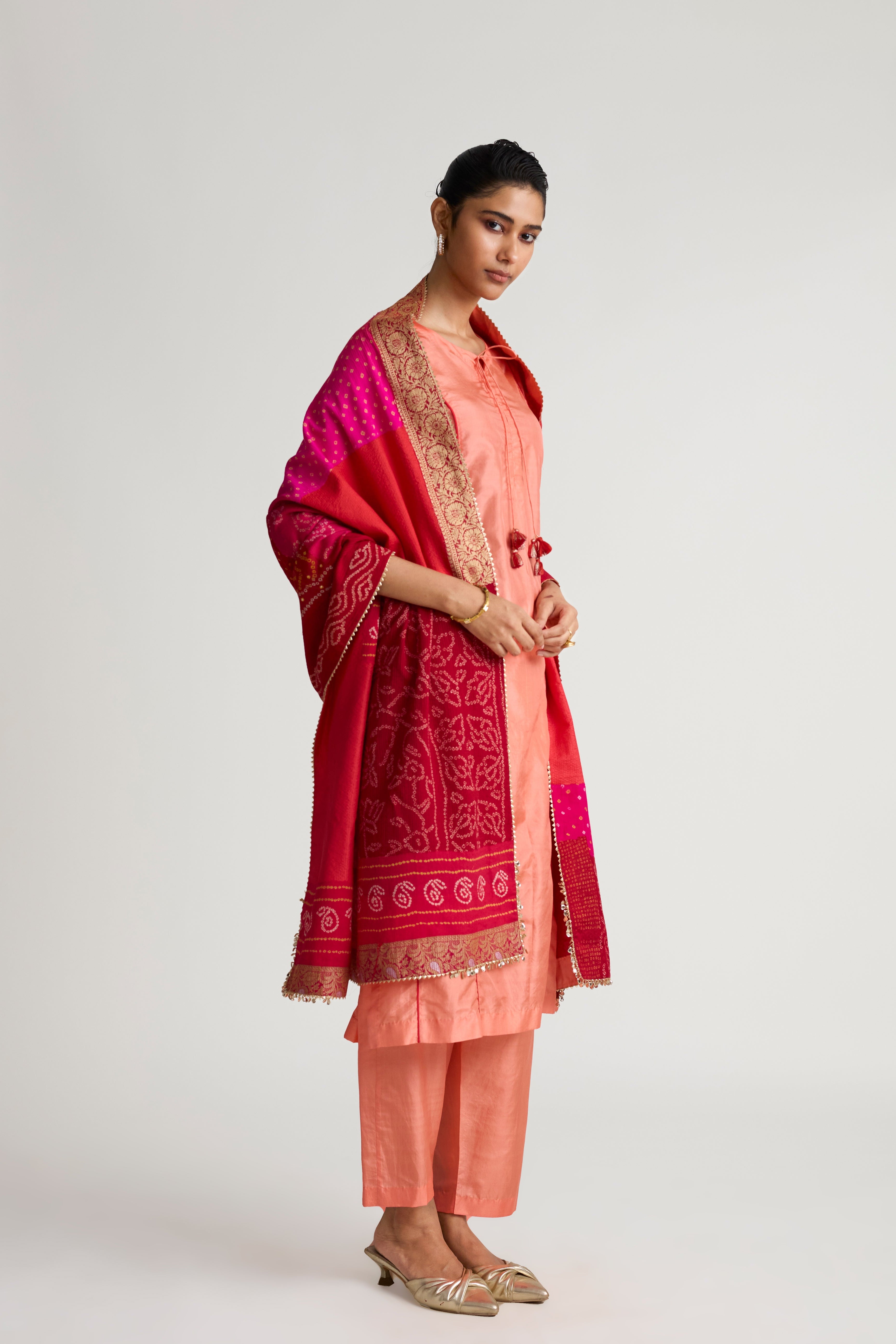 Boro Dupatta Suit Set - Peach Tomato
