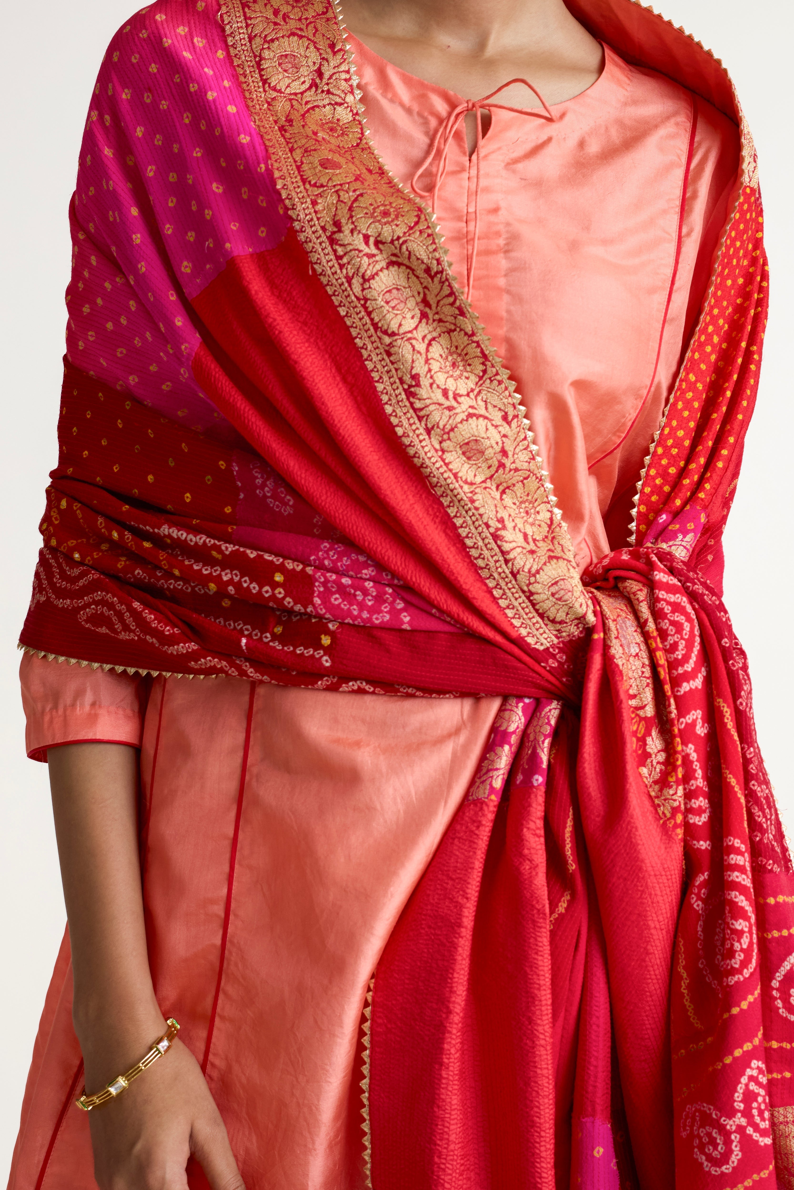 Boro Dupatta Suit Set - Peach Tomato