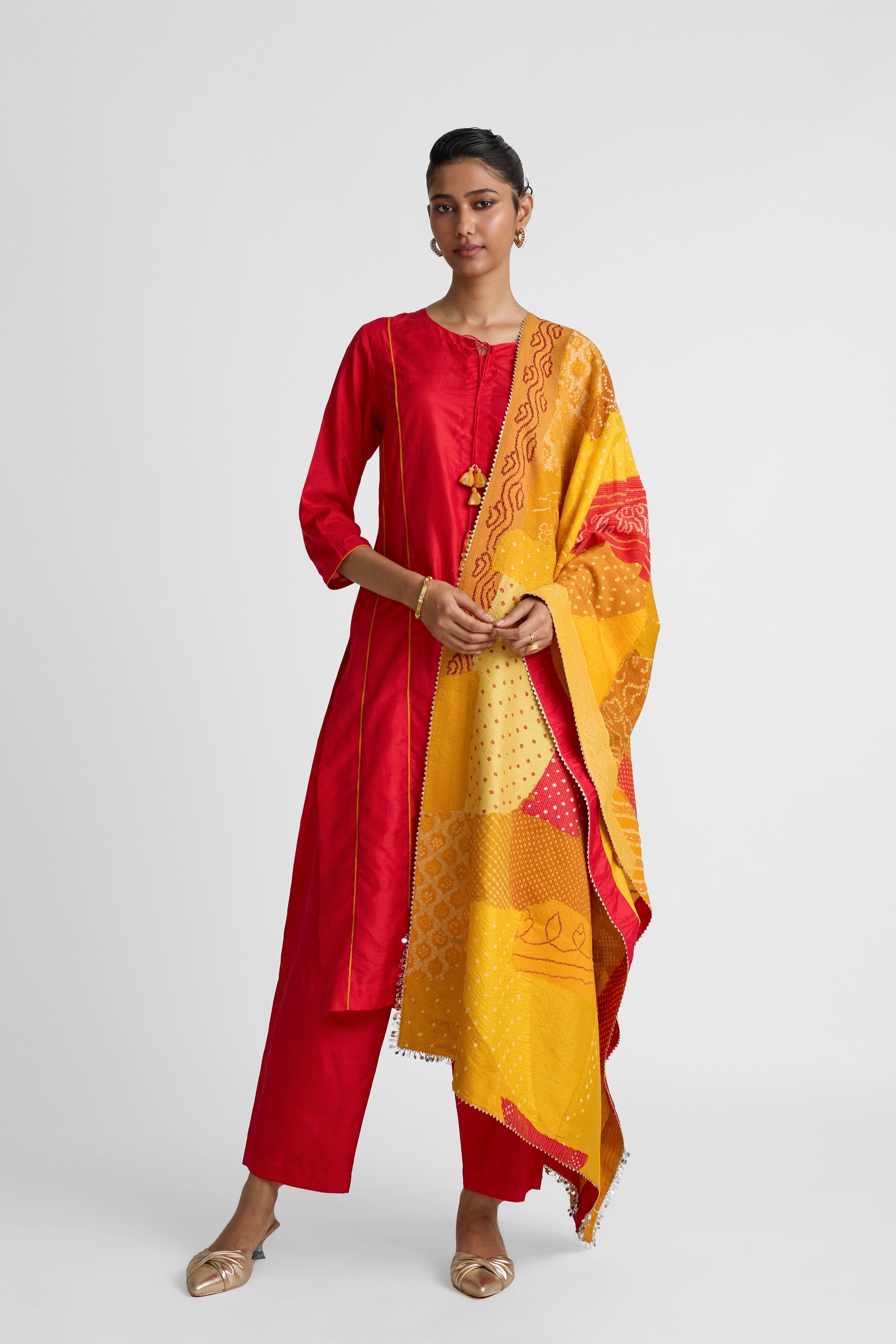 Boro Dupatta Suit Set - Red Yellow