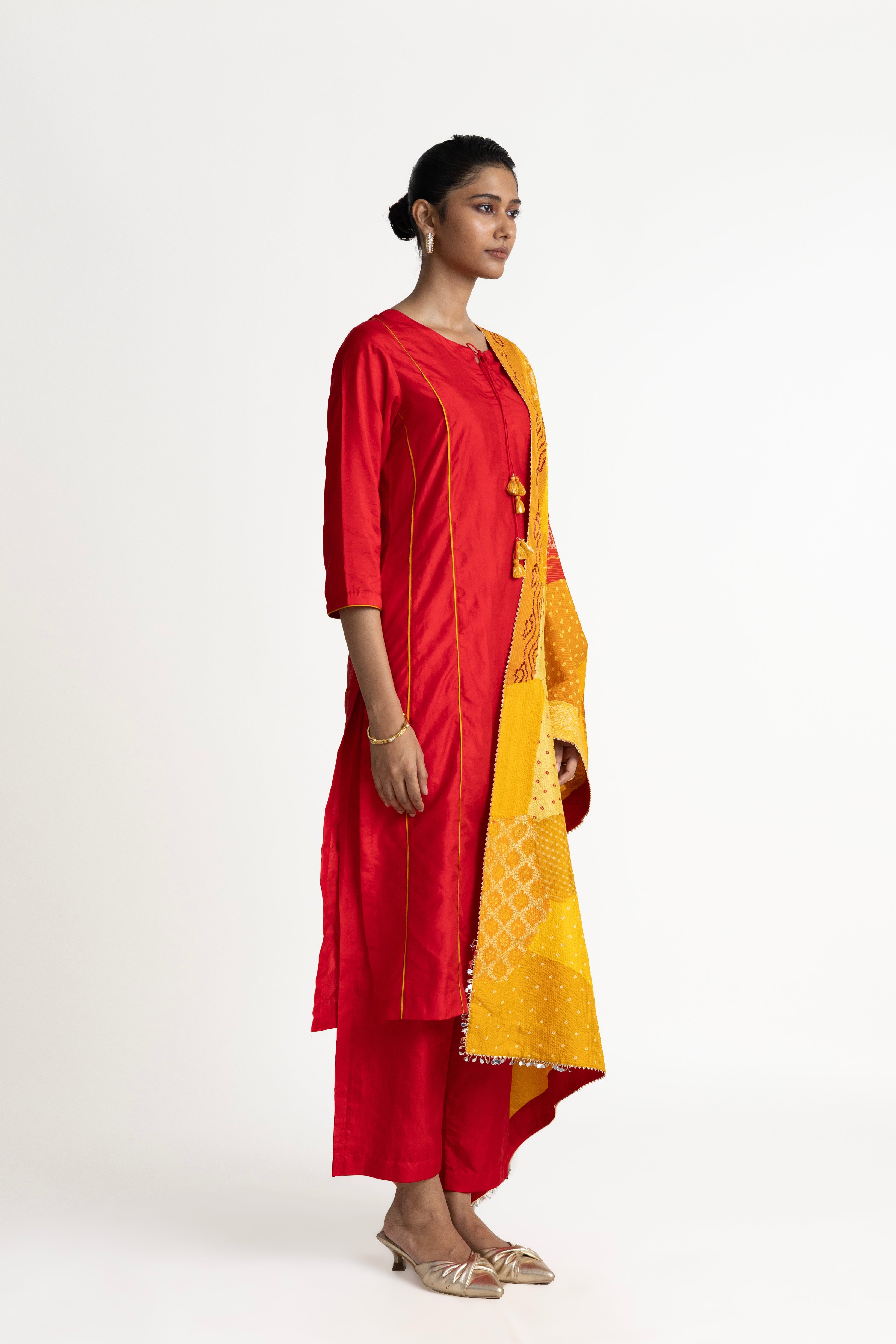 Boro Dupatta Suit Set - Red Yellow