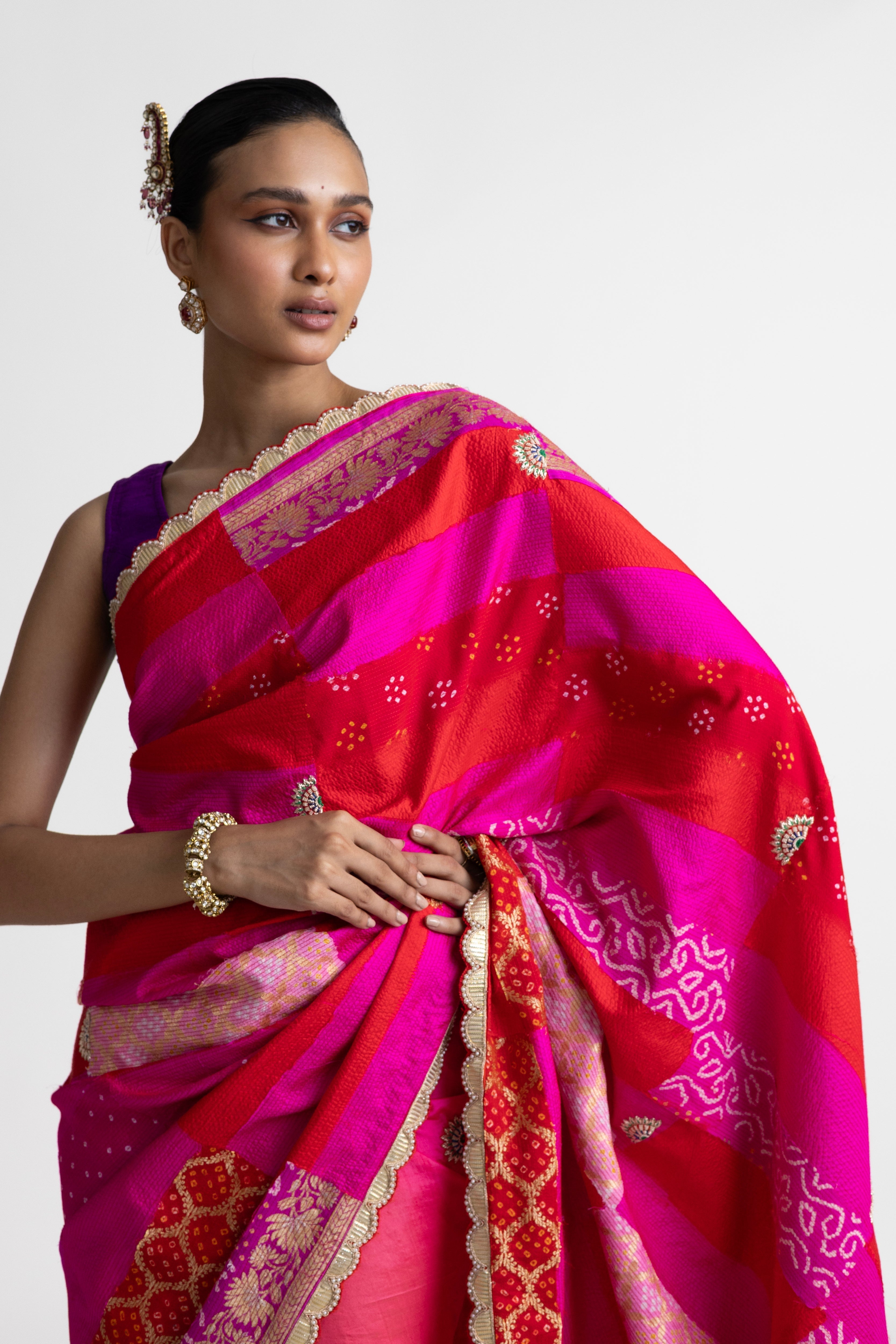 Rectangle Patch Saree - Red Rani