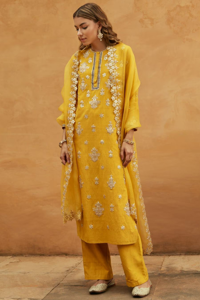 Yellow dori embroidered kurta set