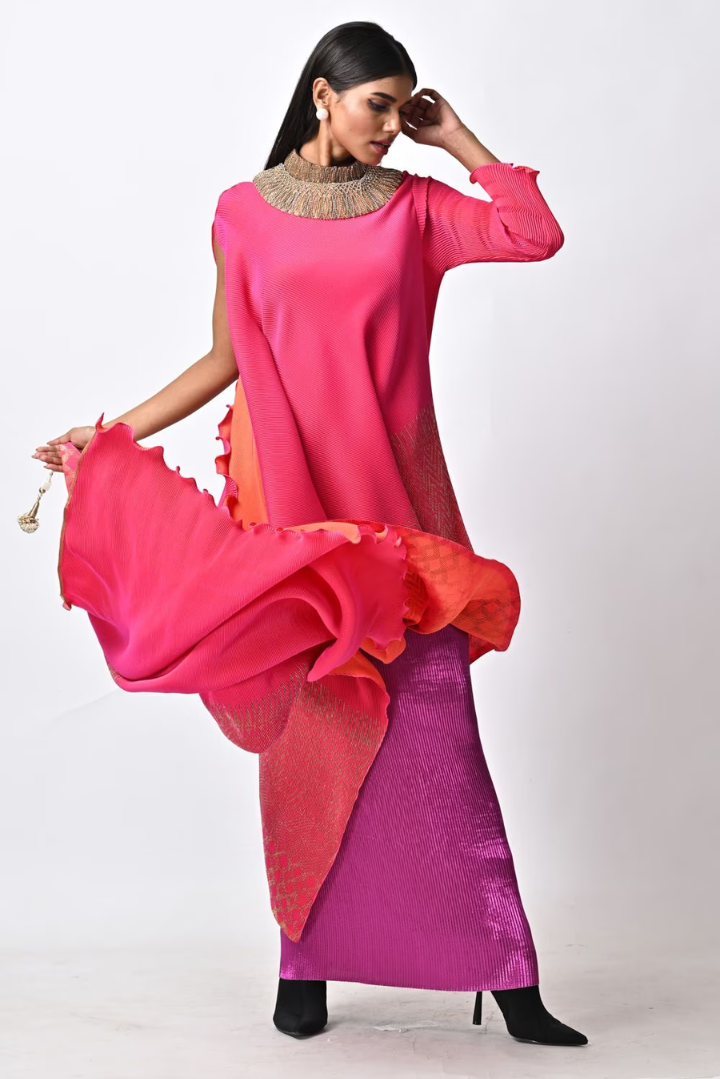 Fuchsia ombre hand embellished pleated drape
