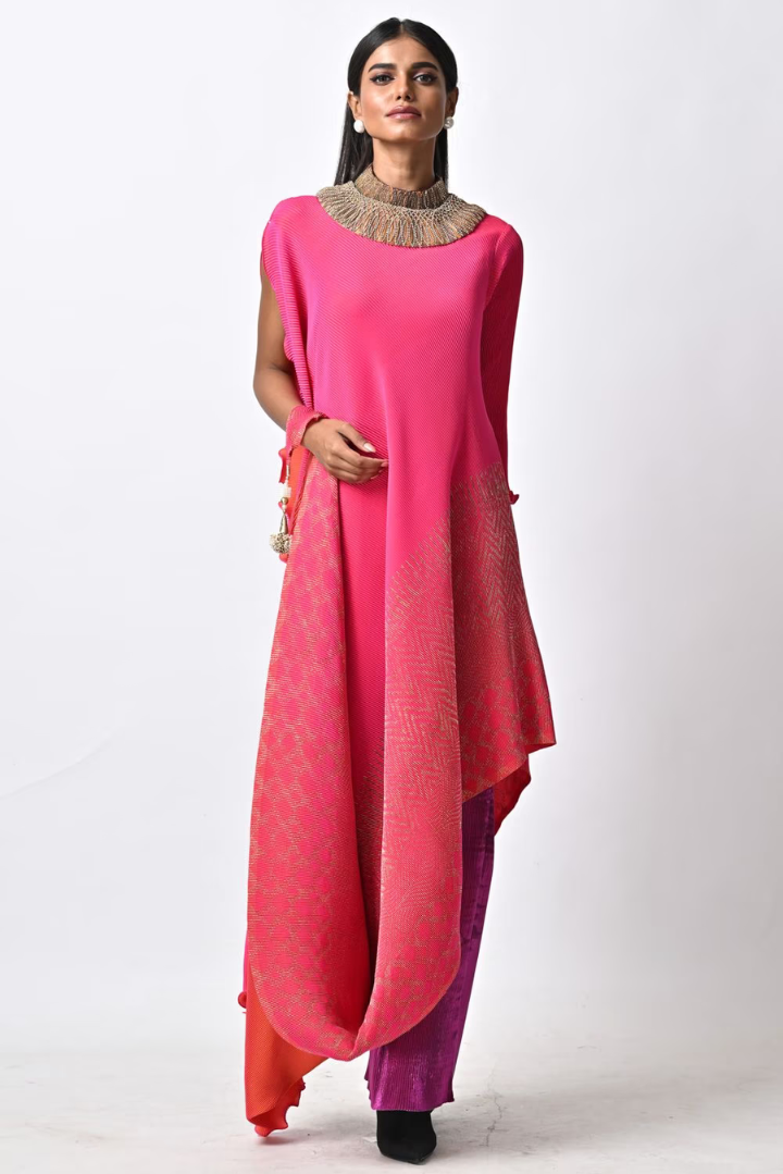 Fuchsia ombre hand embellished pleated drape