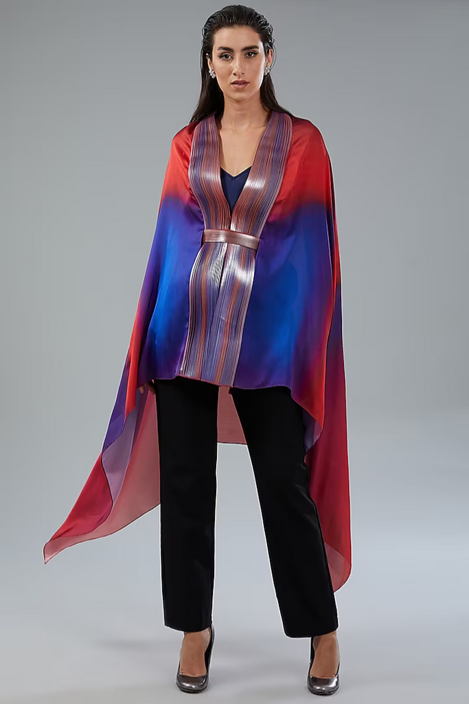 Red & Blue Chiffon Draped Cape With Inner