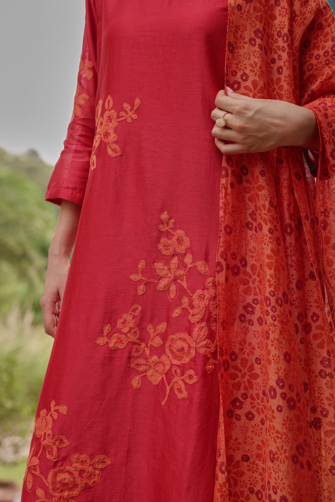 Berry Applique Floral Kurta Set