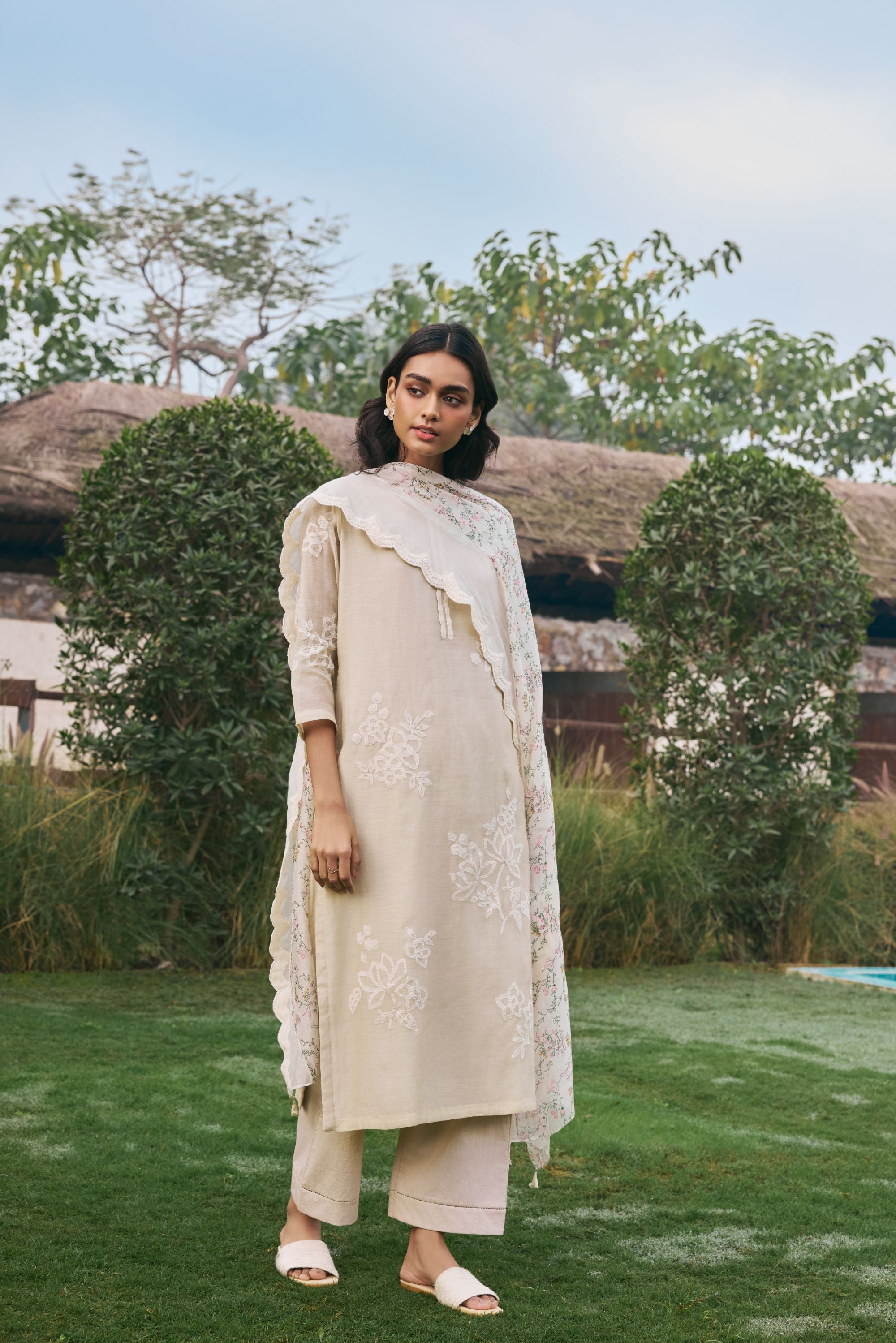 Ecru Floral Kurta Set