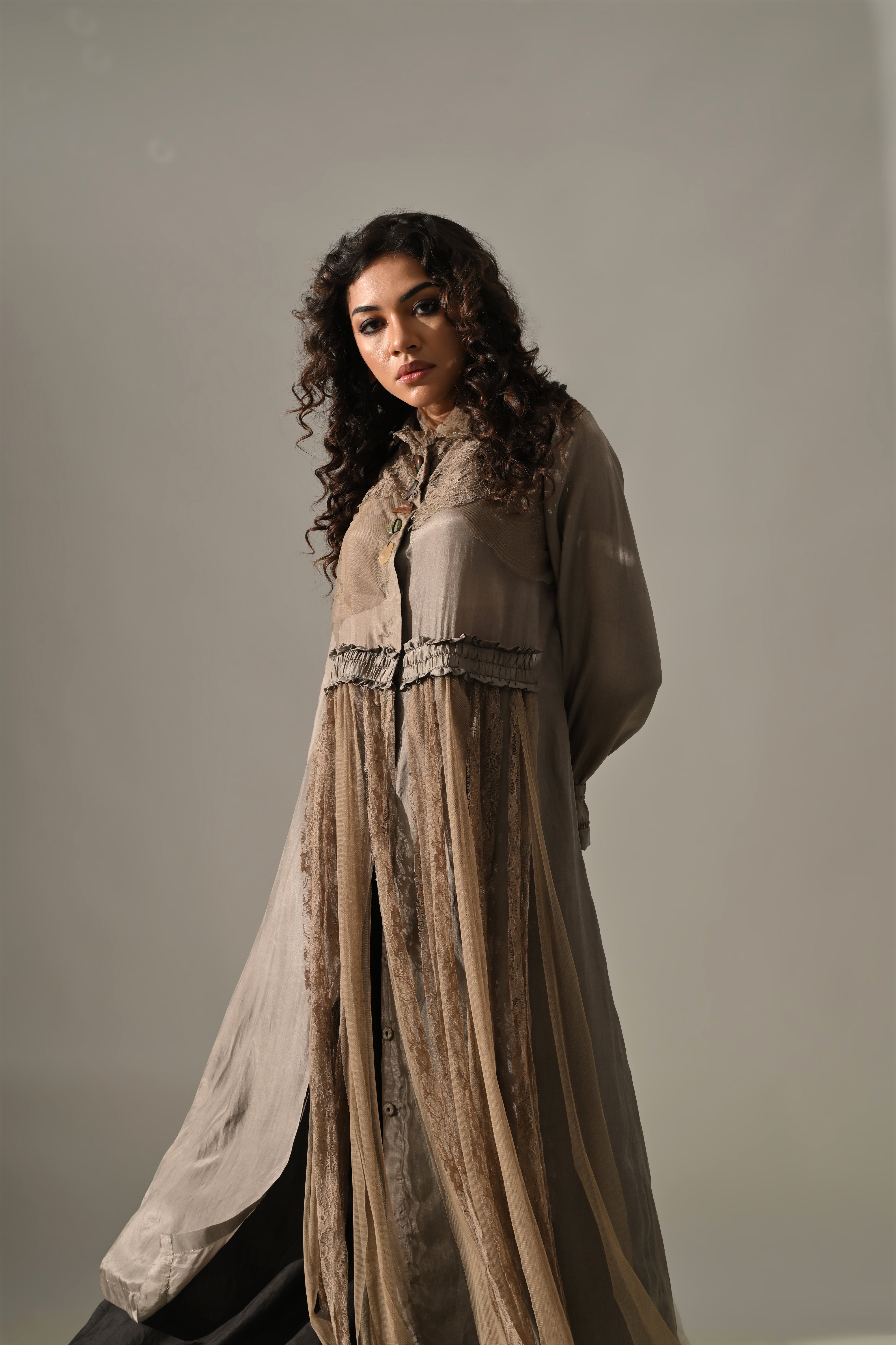 Beige Lace & Net Detail Long Tunic