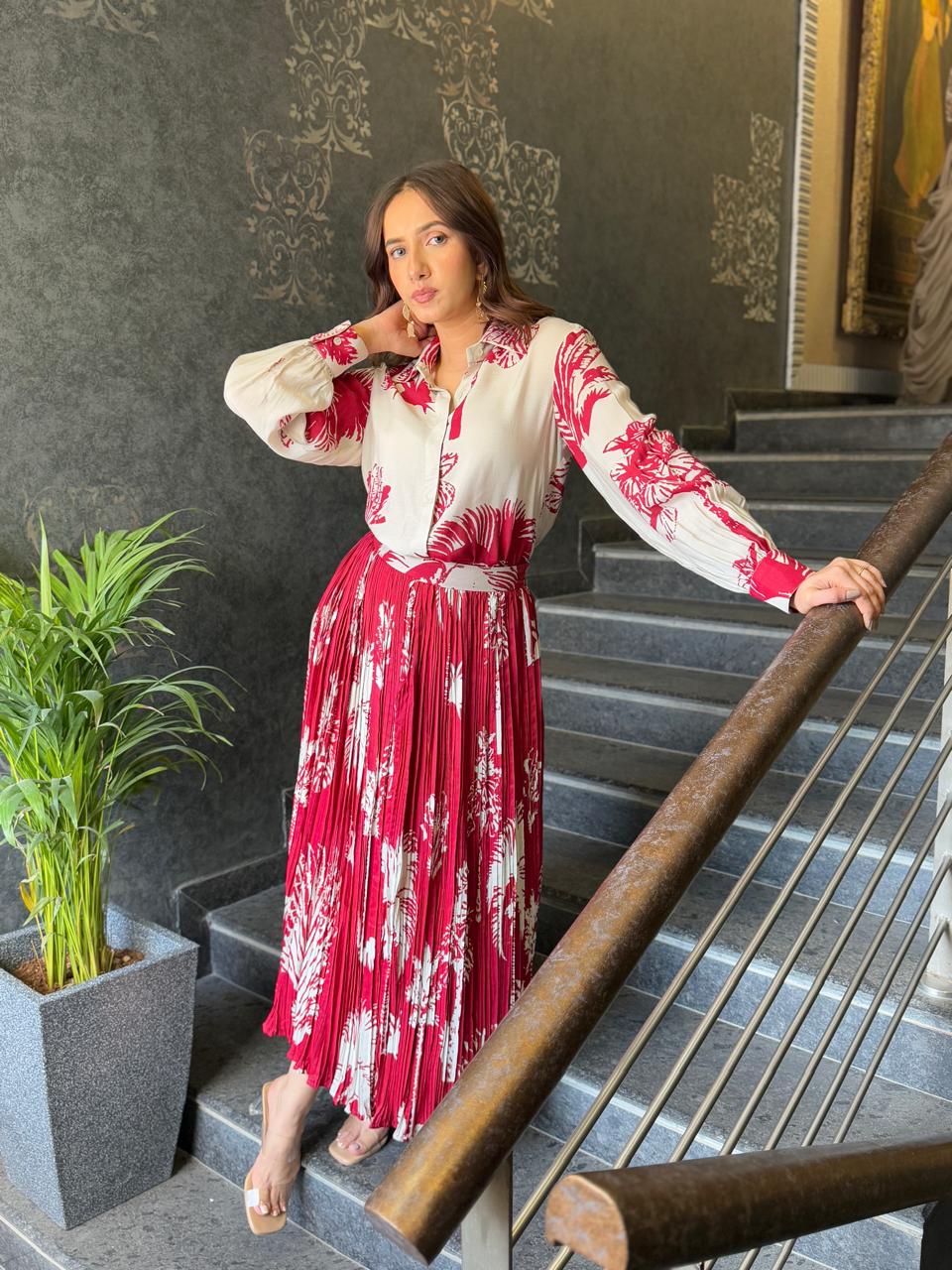 WHITE & RED FLORAL SHIRT & SKIRT