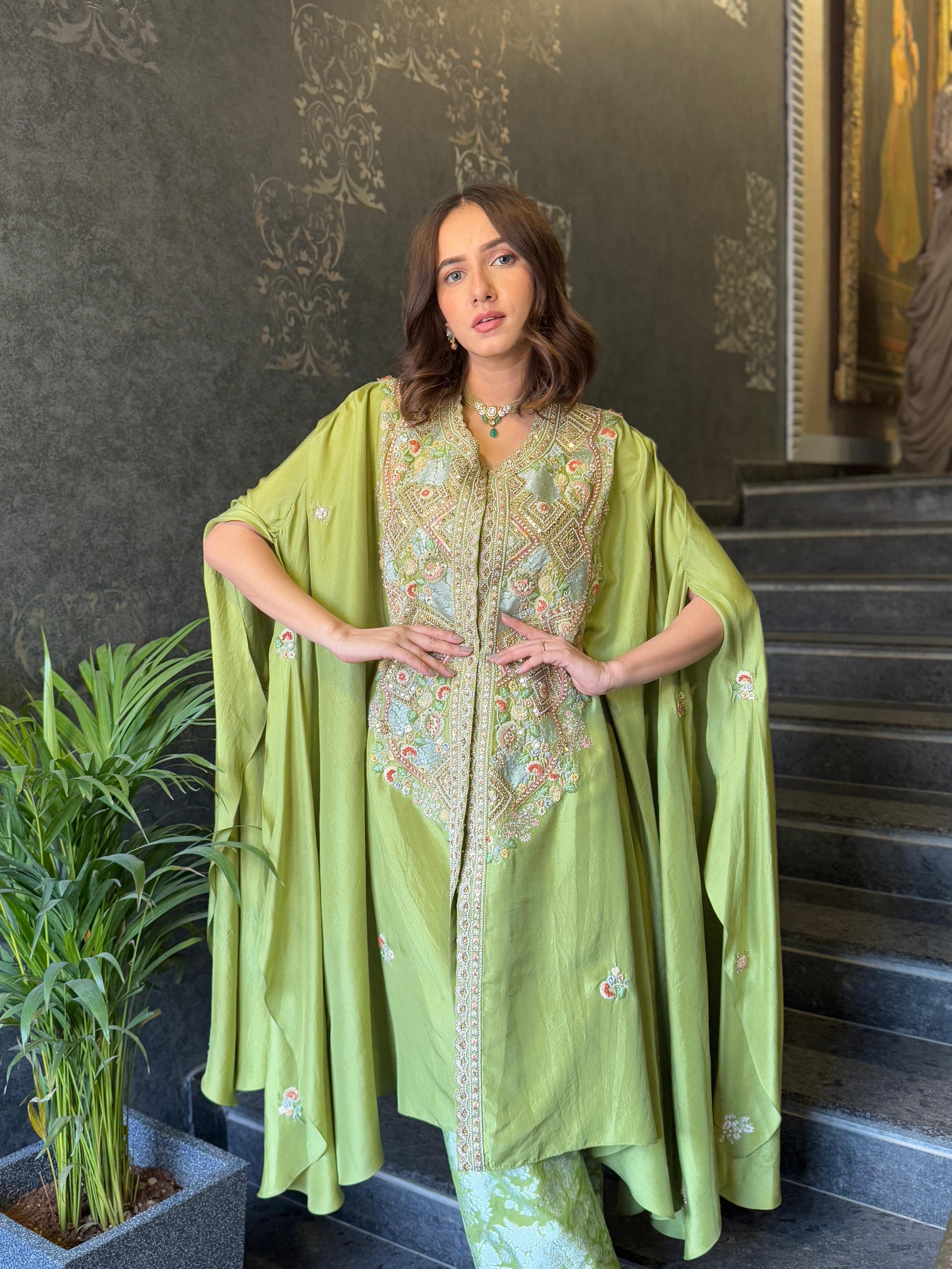 Shimmer Brocade Asymmetrical Kaftan Kurta With Slip And Brocade Pants
