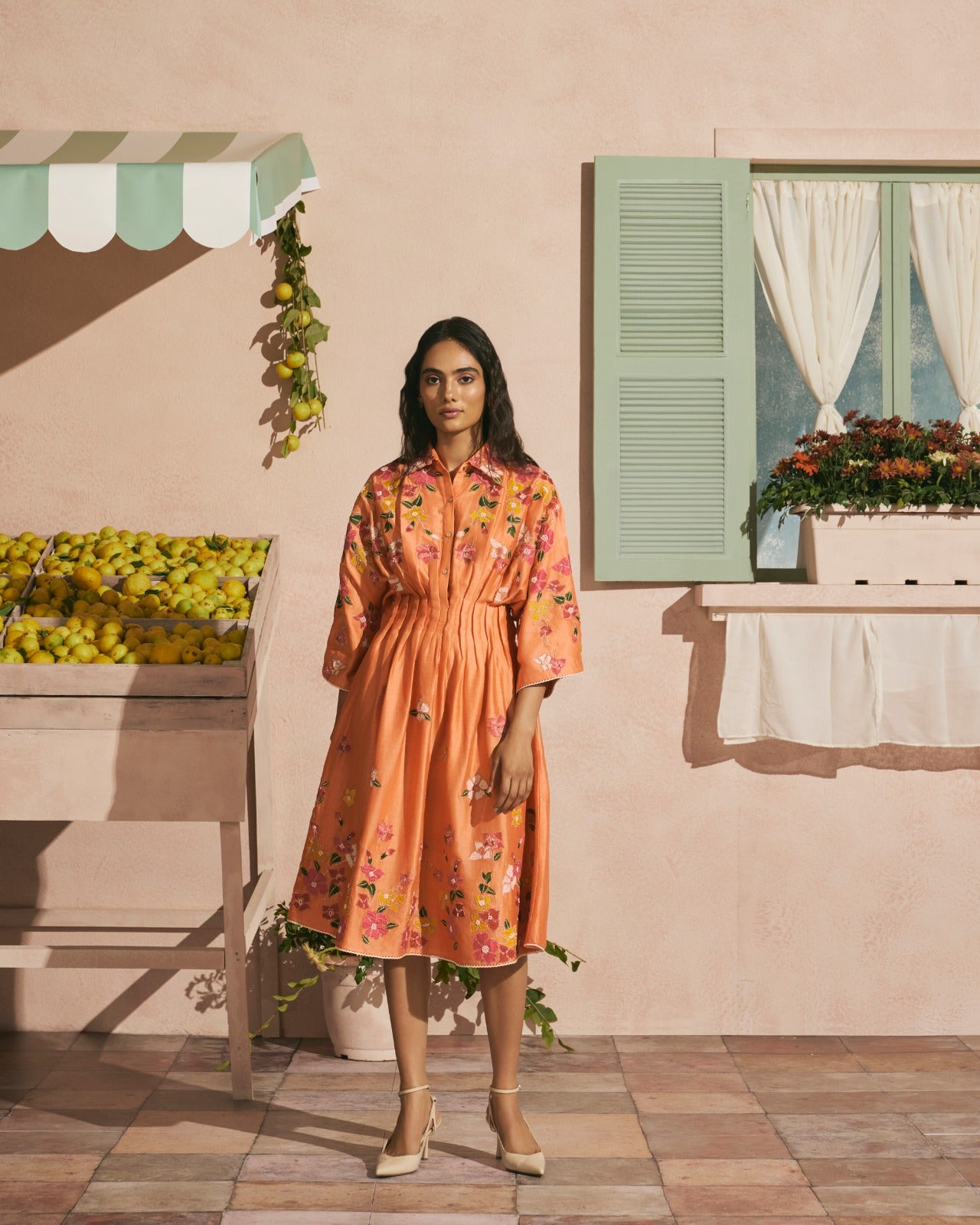 Orange Bougainvillea Pleated Dress