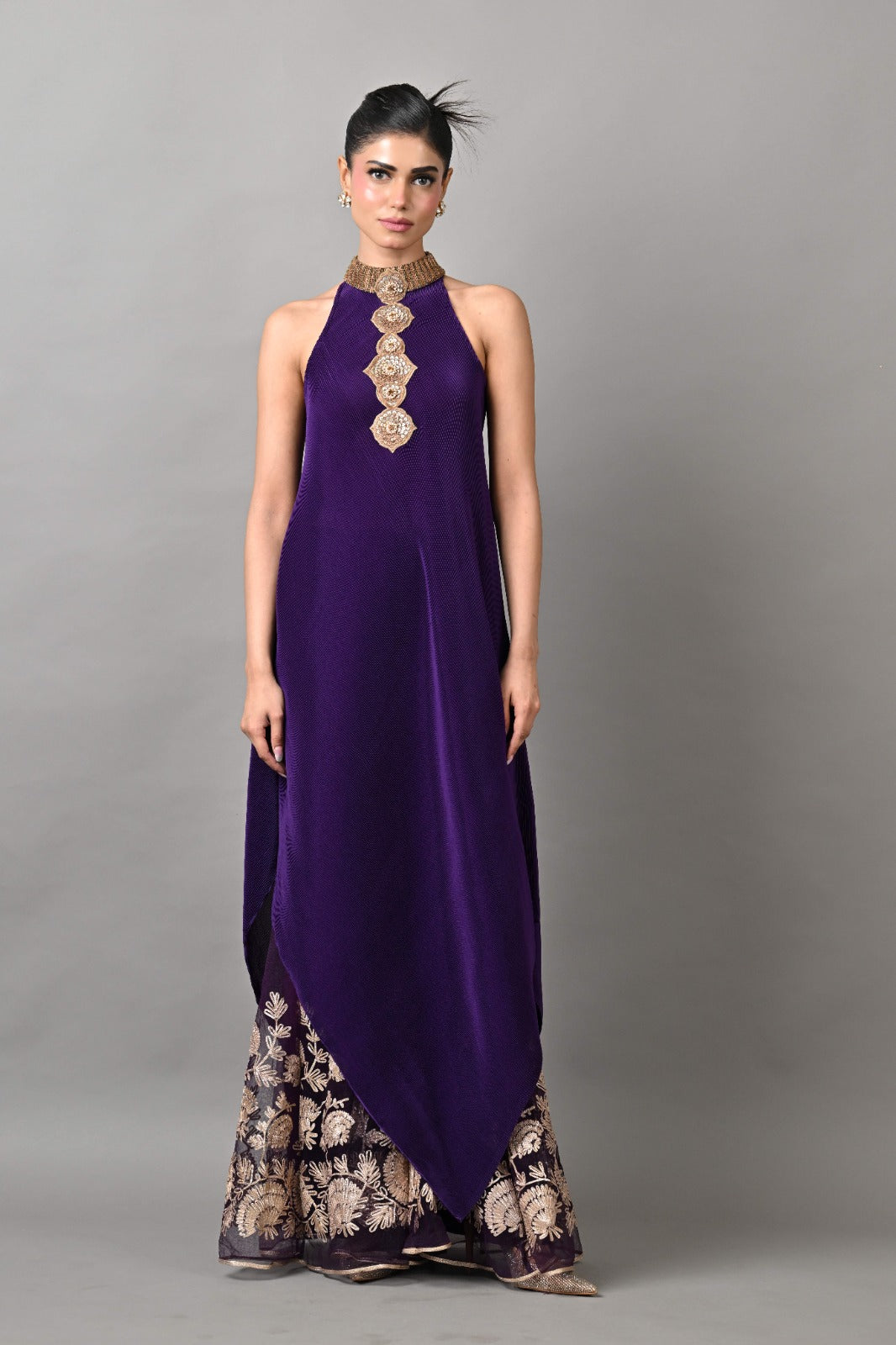 Purple Pleated Hand Embroidered Kurta