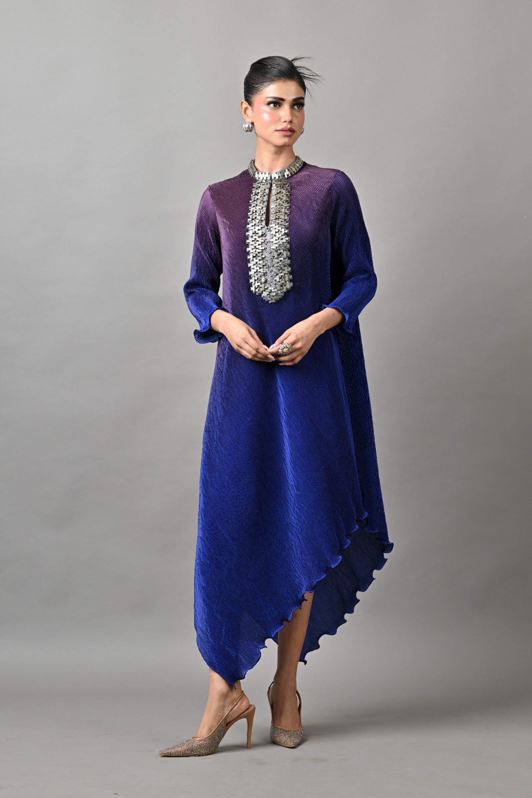 Purple-Indigo Pleated Draped Embroidered Dress