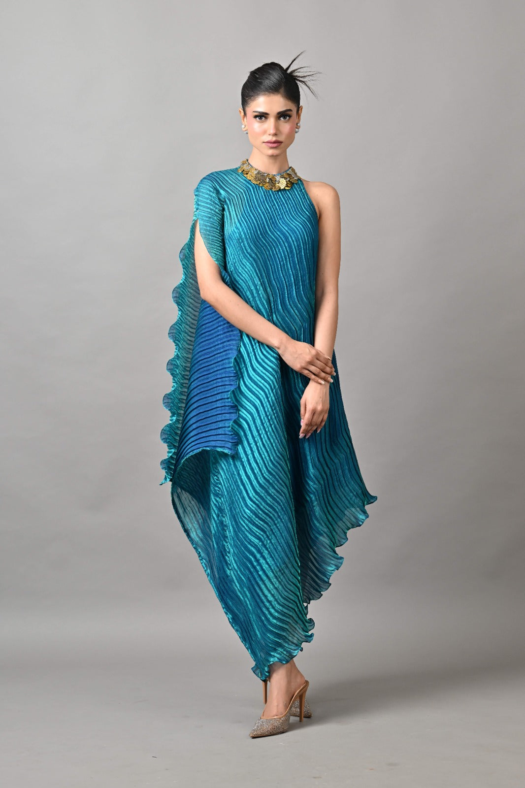 Turquoise Pleated Embroidered One-Sleeve Dress